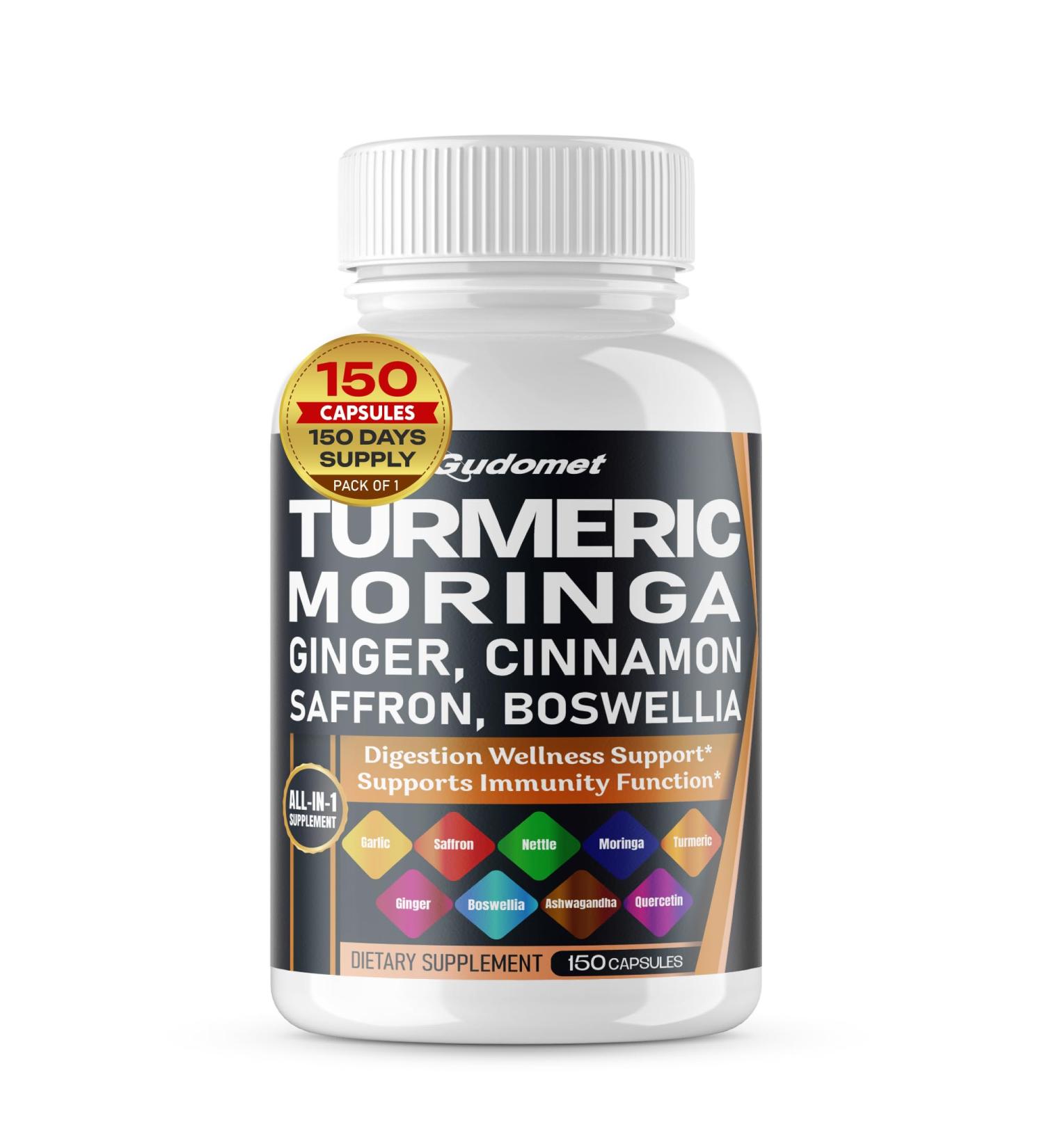 Turmeric Moringa Ginger Boswellia Quercetin Cinnamon Saffron Tart Cherry Odorless Garlic Nettle -150 Capsules 150 count (pack of 1) - Buy Online on GoSupps.com