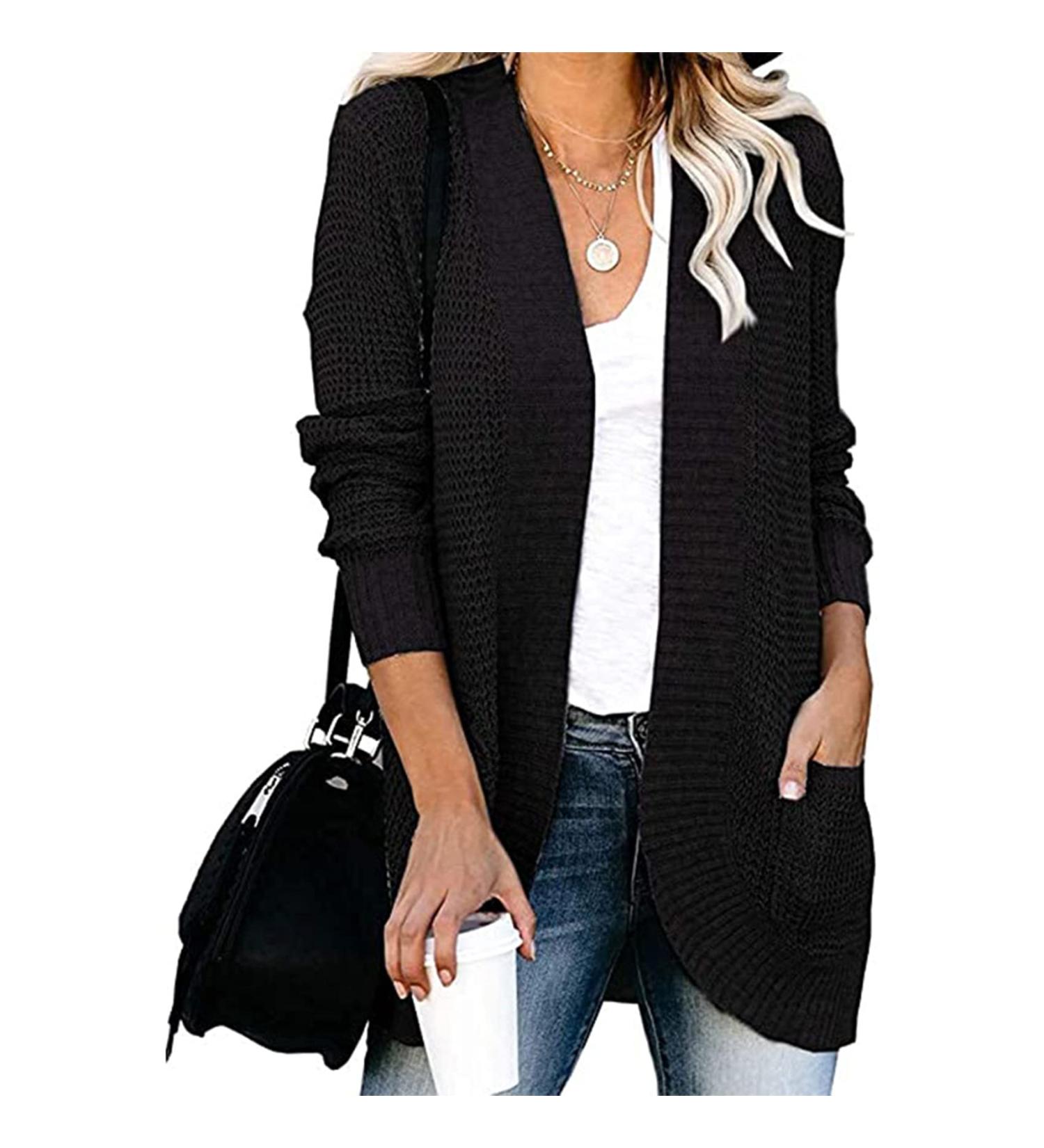 Shop Women's Casual V-neck Black Cardigan - Autumn & Winter Fashion with Pockets - Buy Online on GoSupps.com
