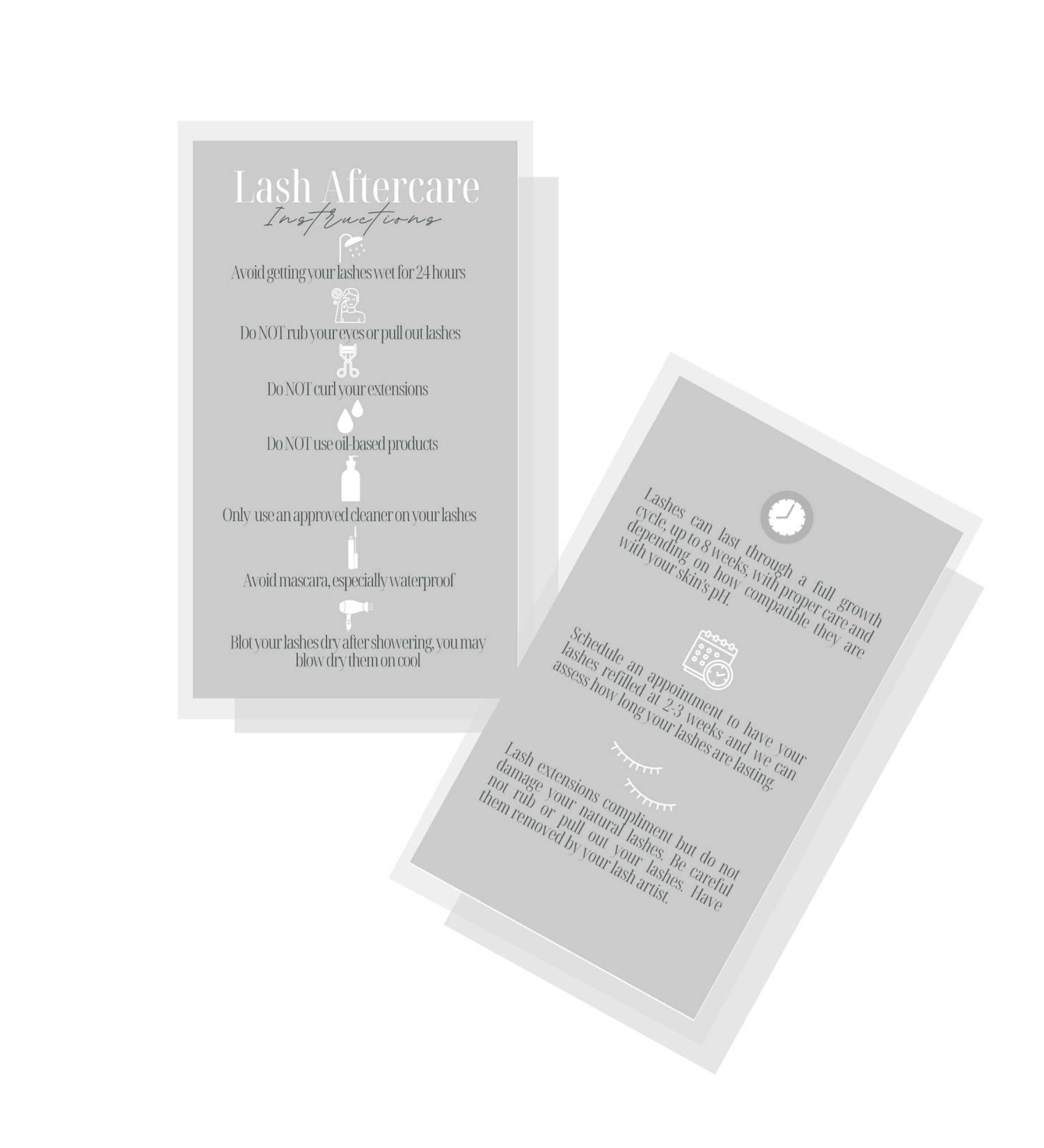 Lash Extension Aftercare Cards | 50 Pack | Double Sided | 3.5x2 inches | Gray & White Design | After Care Instructions for 2-3 Week Fillers - Buy Online on GoSupps.com