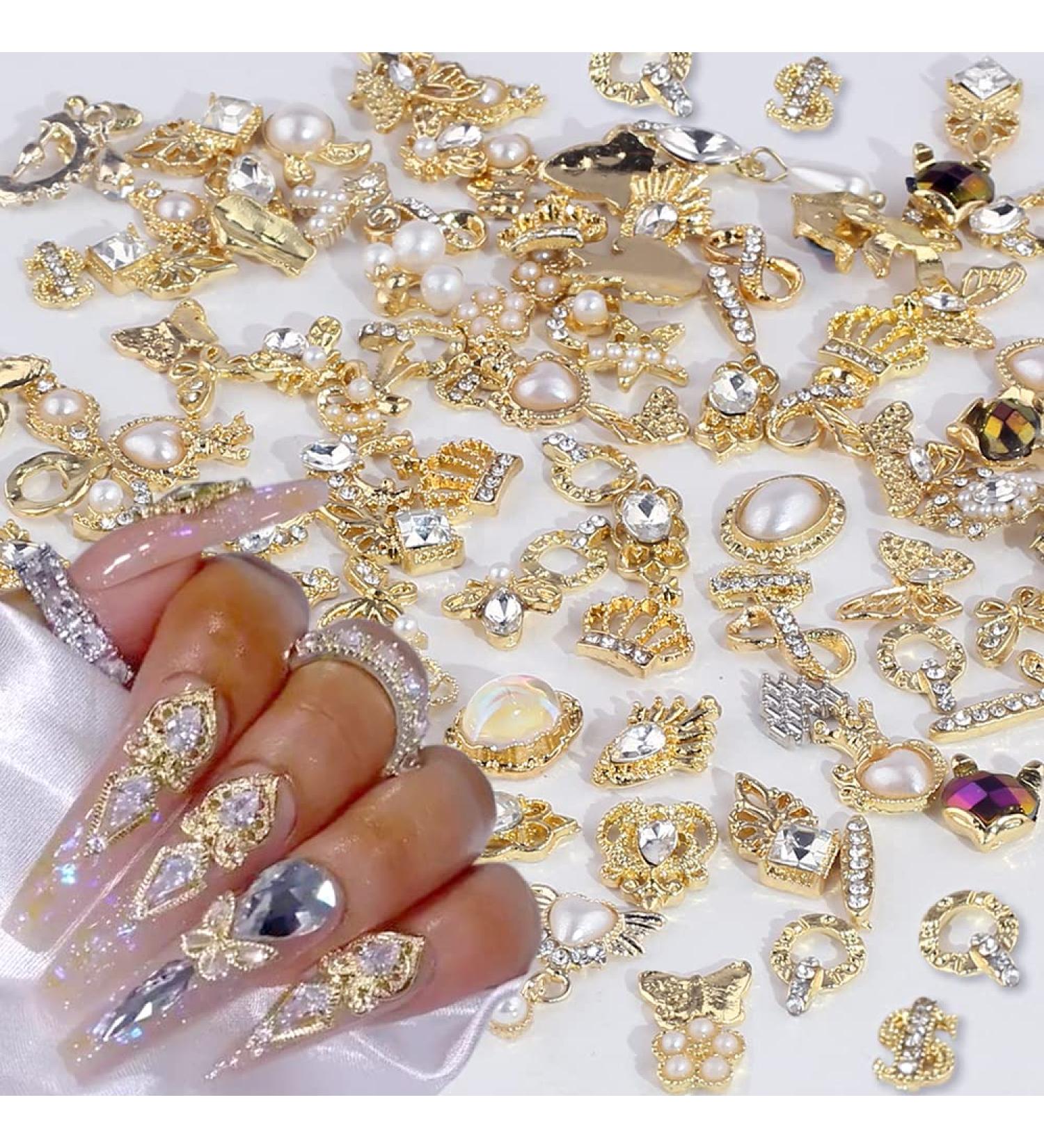 Dornail 50 Pcs Gold Nail Charms - Mix Styles Glitter Stones Pearl Alloy Nail Art Accessories for Women - DIY Nail Decoration with Flowers Butterflies & Stars - Buy Online on GoSupps.com