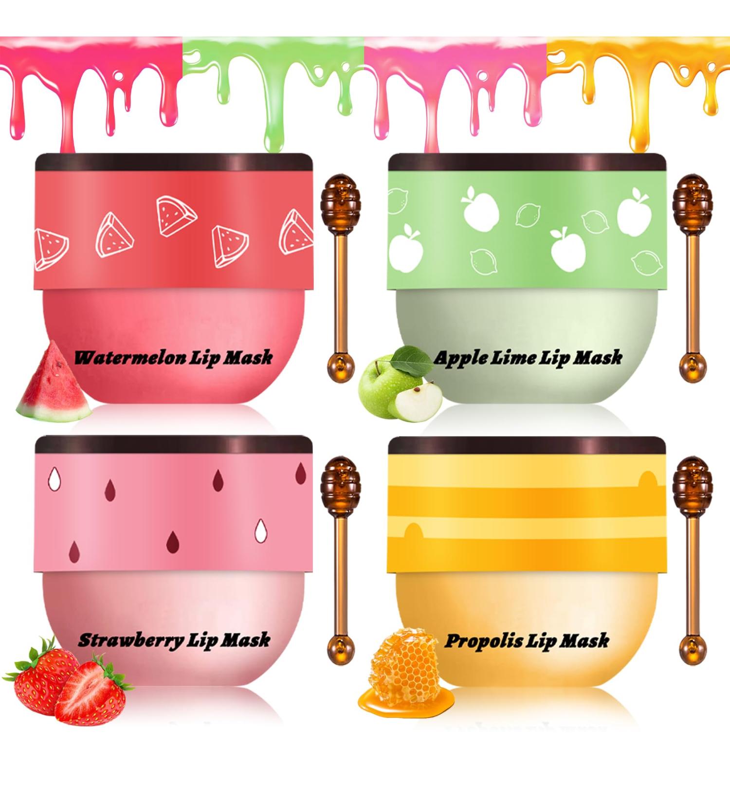 4PCS Bee Lip Balm Honey Pot Honey Strawberry Watermelon Apple Lime Sleeping honey Lip Mask Overnight Hydrating Propolis Honey Pot LipBalm for Dry Lips Care Honey Strawberry Watermelon Apple - Buy Online on GoSupps.com