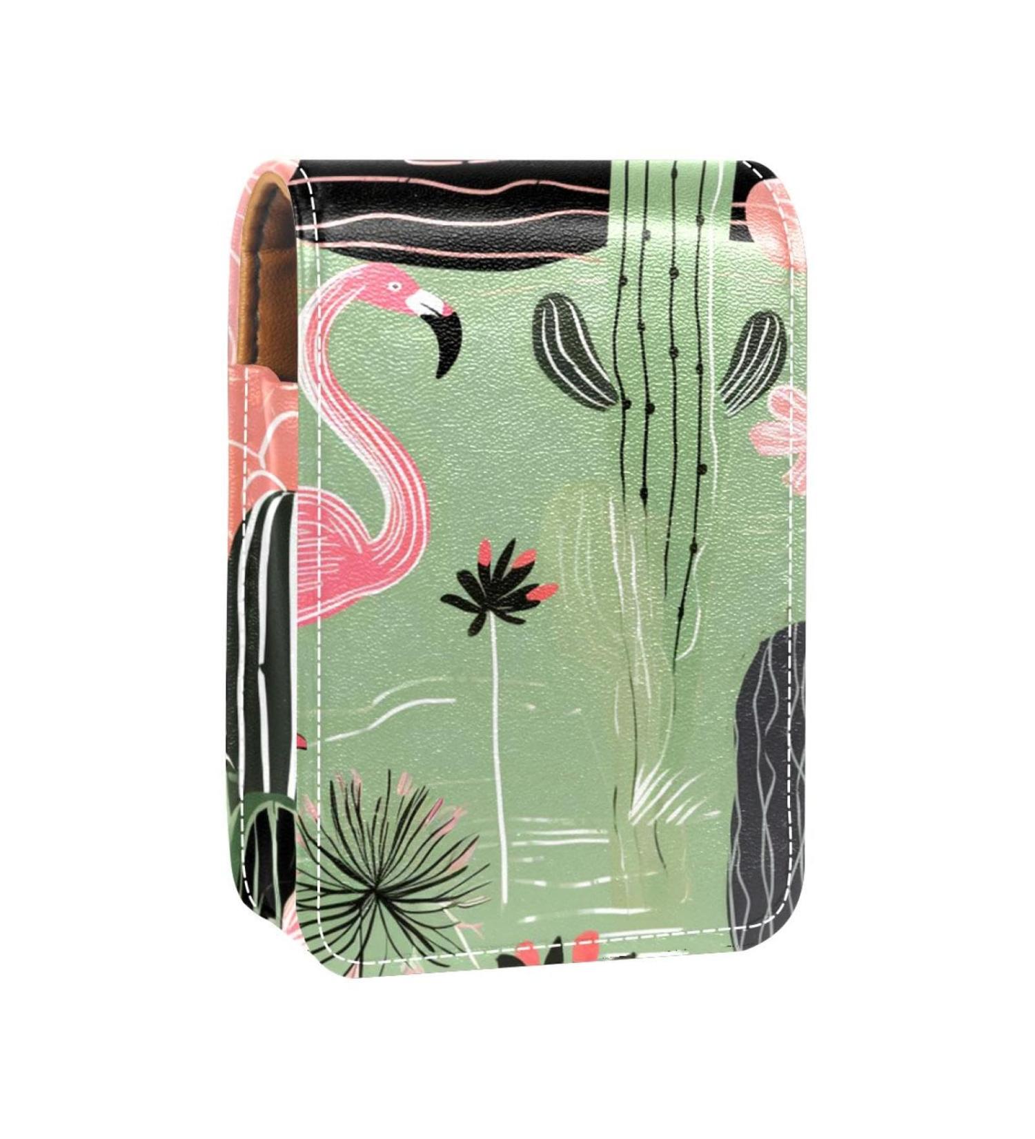 Travel Lipstick Organizer Case Portable Makeup Bag with Mirror | Flamingo Cacti Design - Buy Online on GoSupps.com