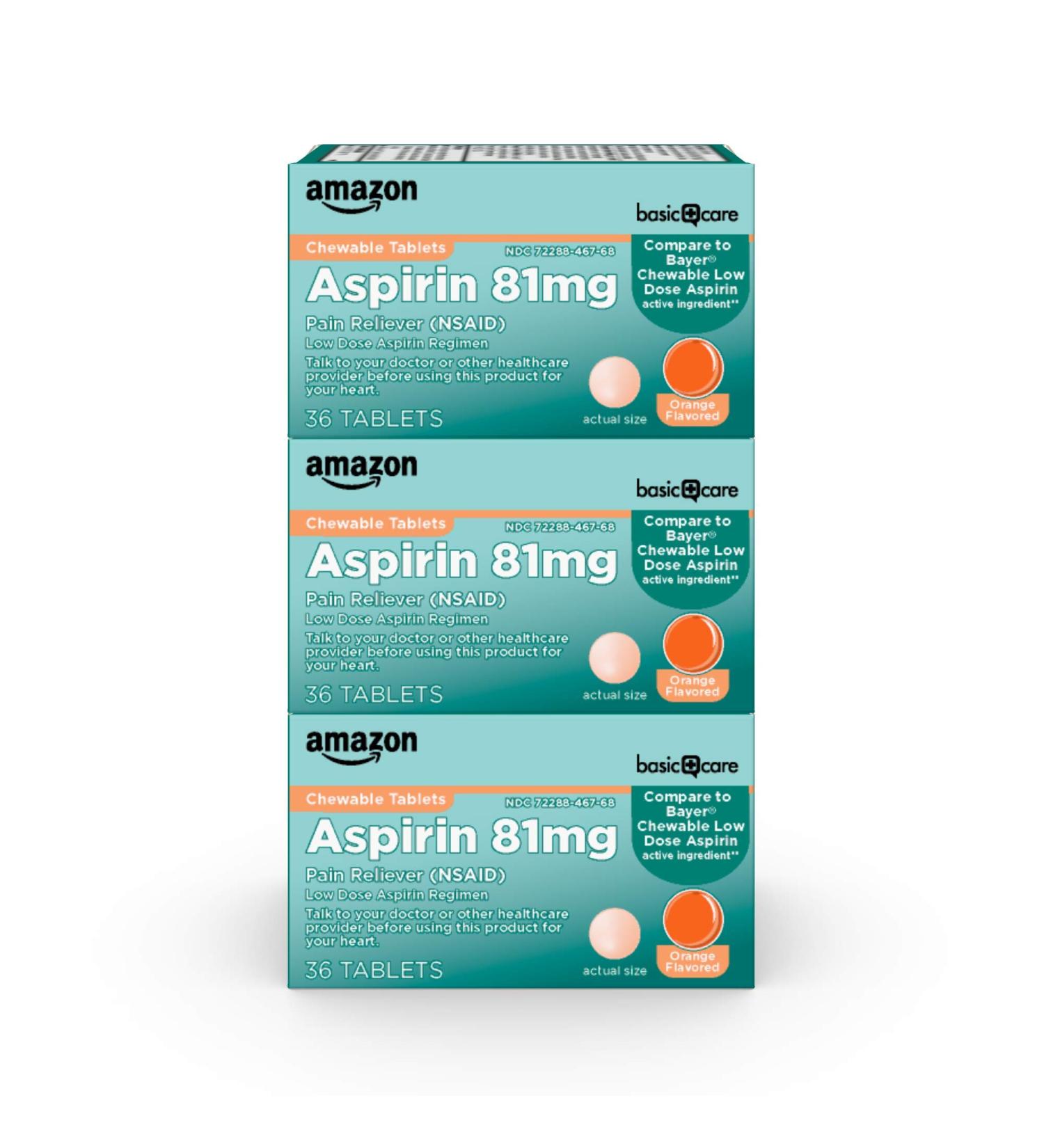 Amazon Basic Care Aspirin 81 mg Chewable Tablets 36 Count (Pack of 3) - Low Dose Pain Reliever with Orange Flavor - Buy Online on GoSupps.com