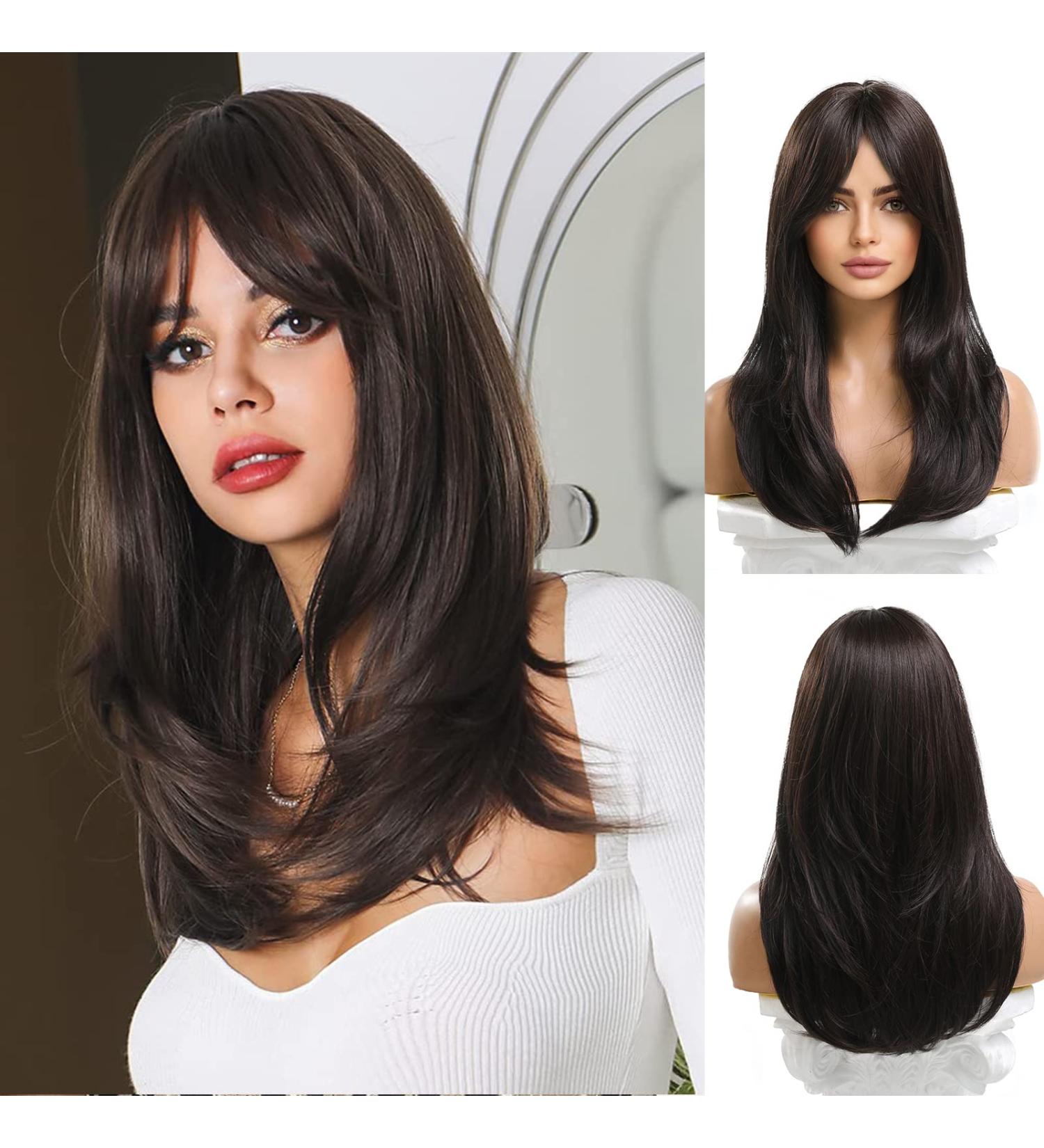 Esmee 20-Inch Long Black Brown Layered Synthetic Hair Wig with Ponytail - Perfect for Everyday Wear & Parties - Buy Online on GoSupps.com