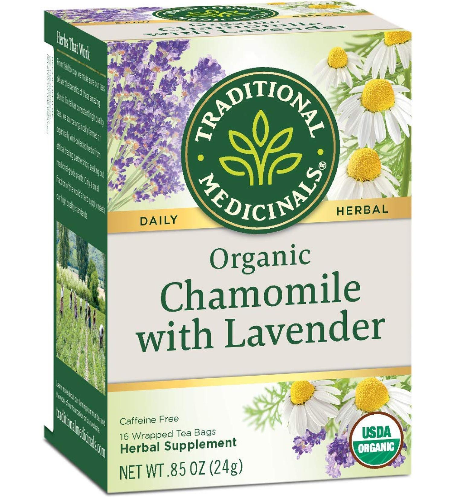 Organic Chamomile Lavender Herbal Tea - Caffeine Free | 16 Wrapped Bags | Traditional Medicinals - Buy Online on GoSupps.com
