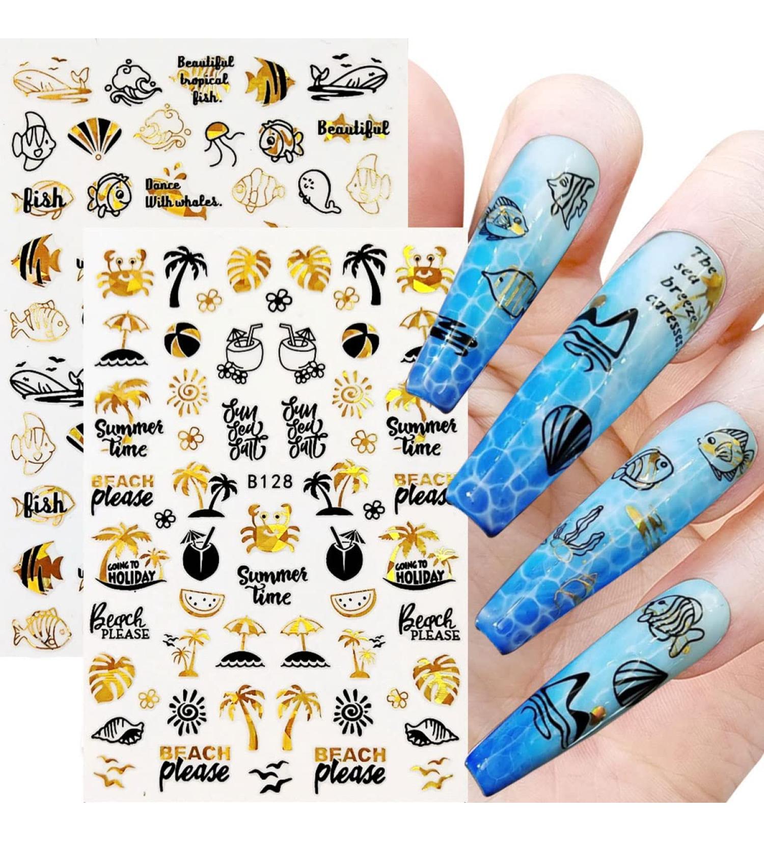 12 Sheets Beach Nail Art Stickers Decals Self Adhesive Coconut Summer Whale Fish Sea Ocean Shell Marine Life Summer Design Manicure Tips Nail Decoraci n para U as for Women Girls - Buy Online on GoSupps.com