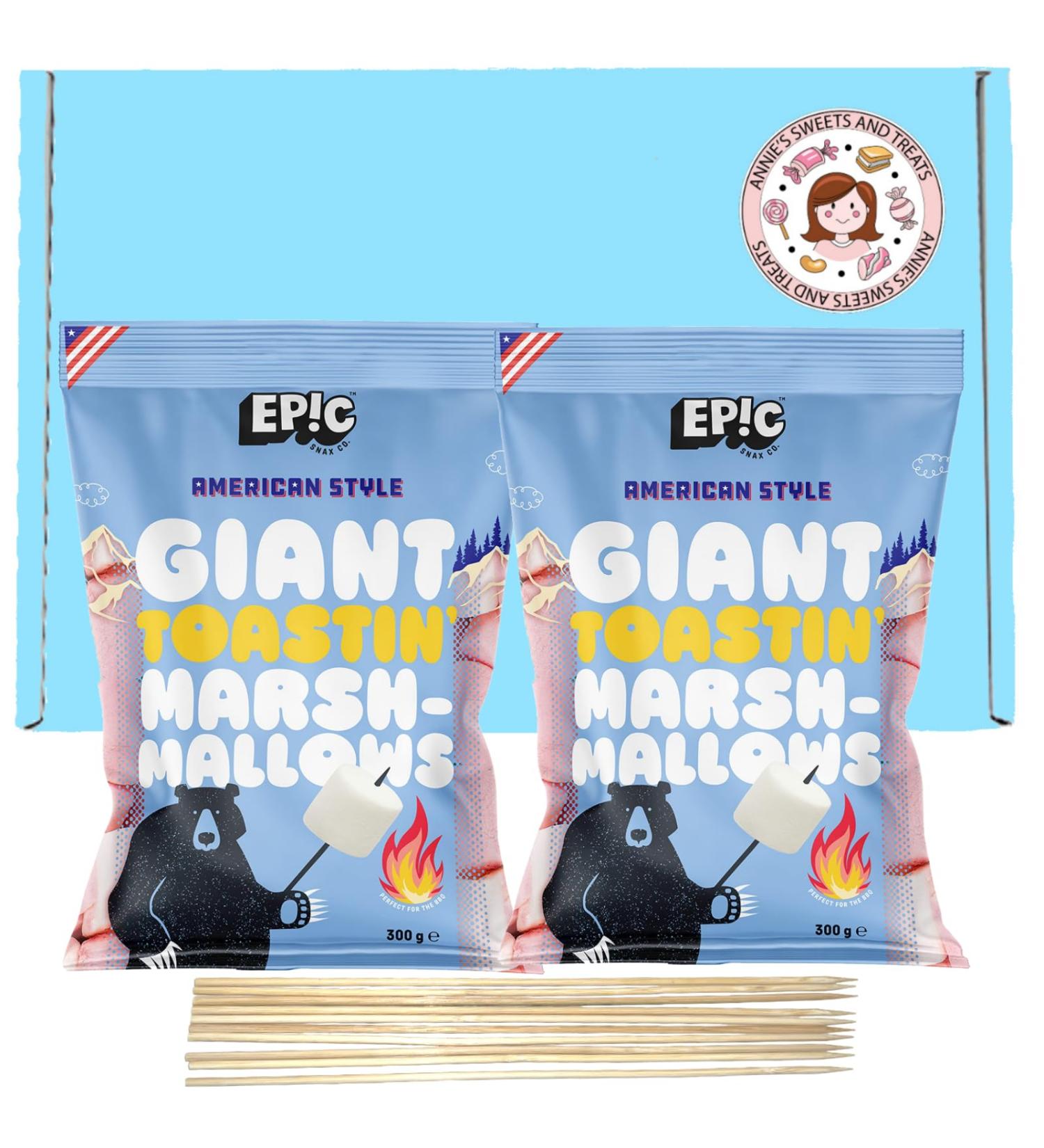 Gluten-Free American Style Jumbo Marshmallows - White & Pink - 2-Pack (300g x 2) from Epic Snax Co. Ideal for Camping Barbeque Bonfire Roast Toastin' and Smores - 600g Total - Plus 10x Skewers - Buy Online on GoSupps.com