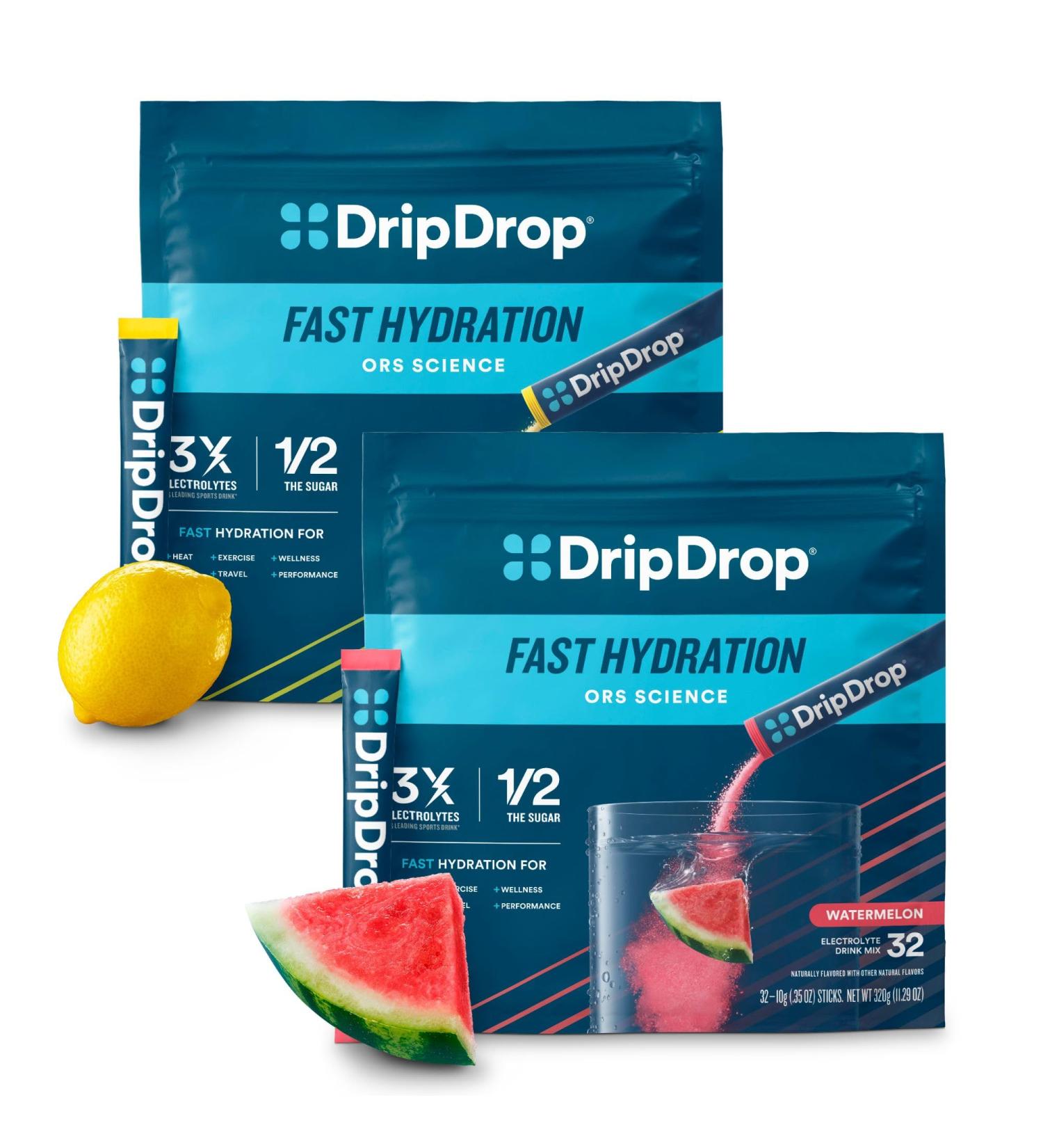 DripDrop Hydration - Electrolyte Powder Packets - Watermelon & Lemon Bundle - 64 Count - Buy Online on GoSupps.com