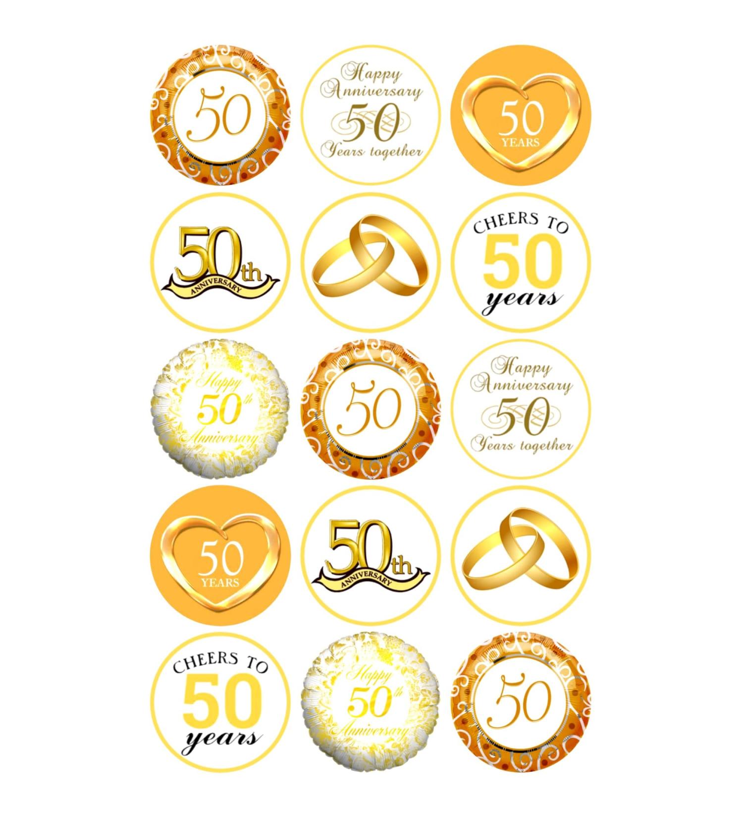 15 x 50th Wedding Anniversary Mix Edible Wafer Card Cupcake Toppers Cake Party Decorations