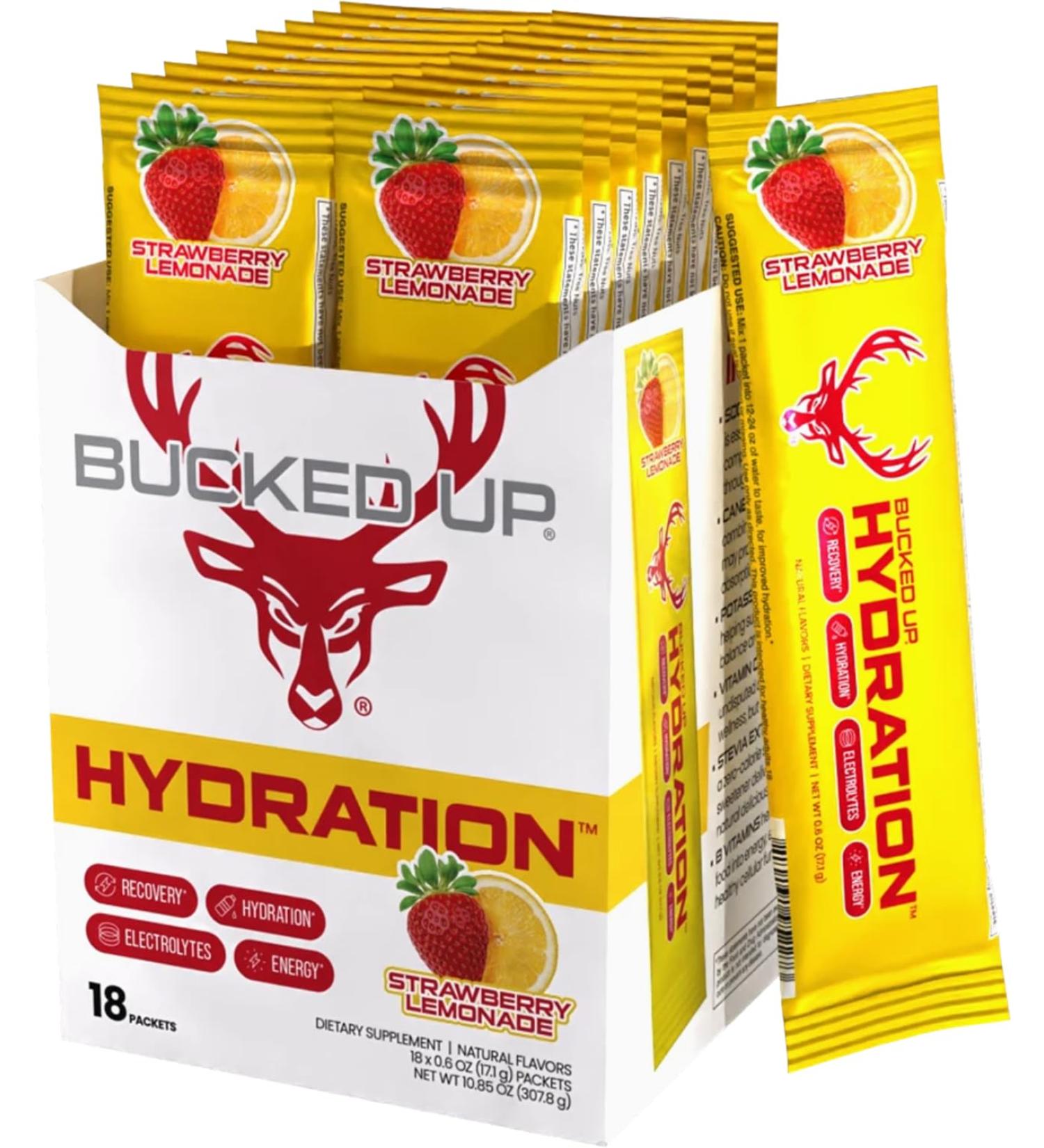 Bucked Up Hydration - Strawberry Lemonade | Electrolyte and Hydration Powder Drink Mix | 18 Packs (18 Servings) - Buy Online on GoSupps.com