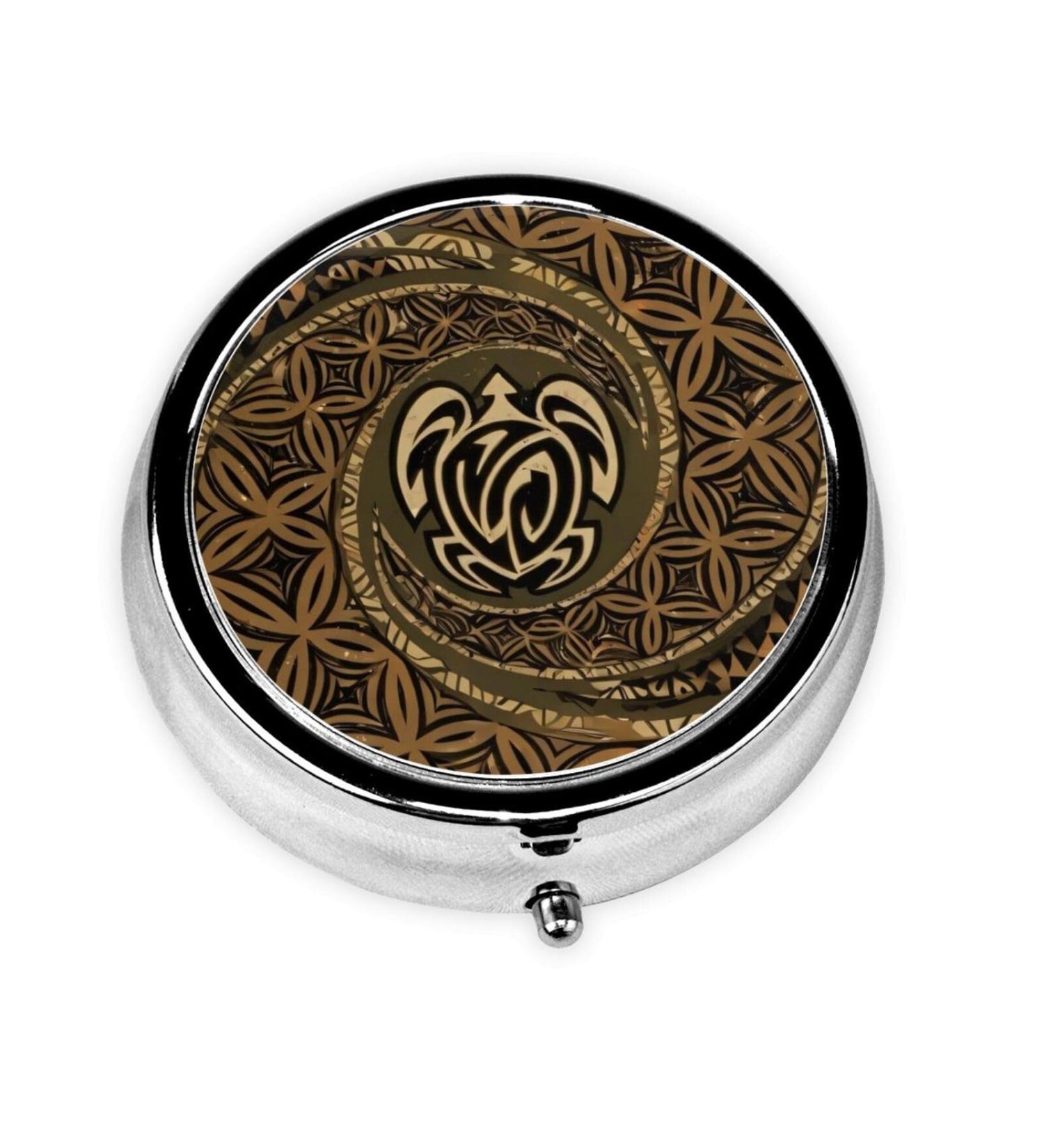 Hawaiian Tapa Honu Turtle Portable Metal Pill Box | 3-Compartment Travel Pill Holder | Hinged Design | Black - Buy Online on GoSupps.com