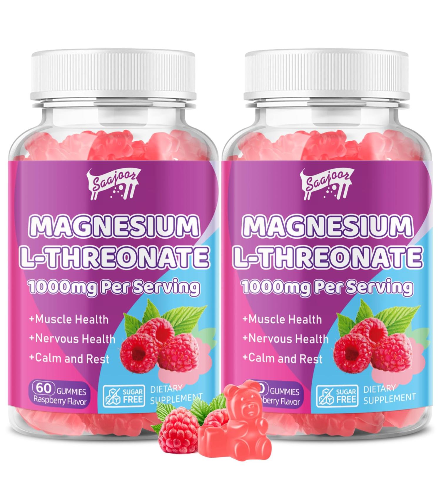 2 Pack Magnesium L-Threonate Gummies 1000mg - Supplement for Kids & Adults Muscle & Nervous System Support Non-GMO Sugar-Free Raspberry Flavor 120 Gummies 2pack - Buy Online on GoSupps.com