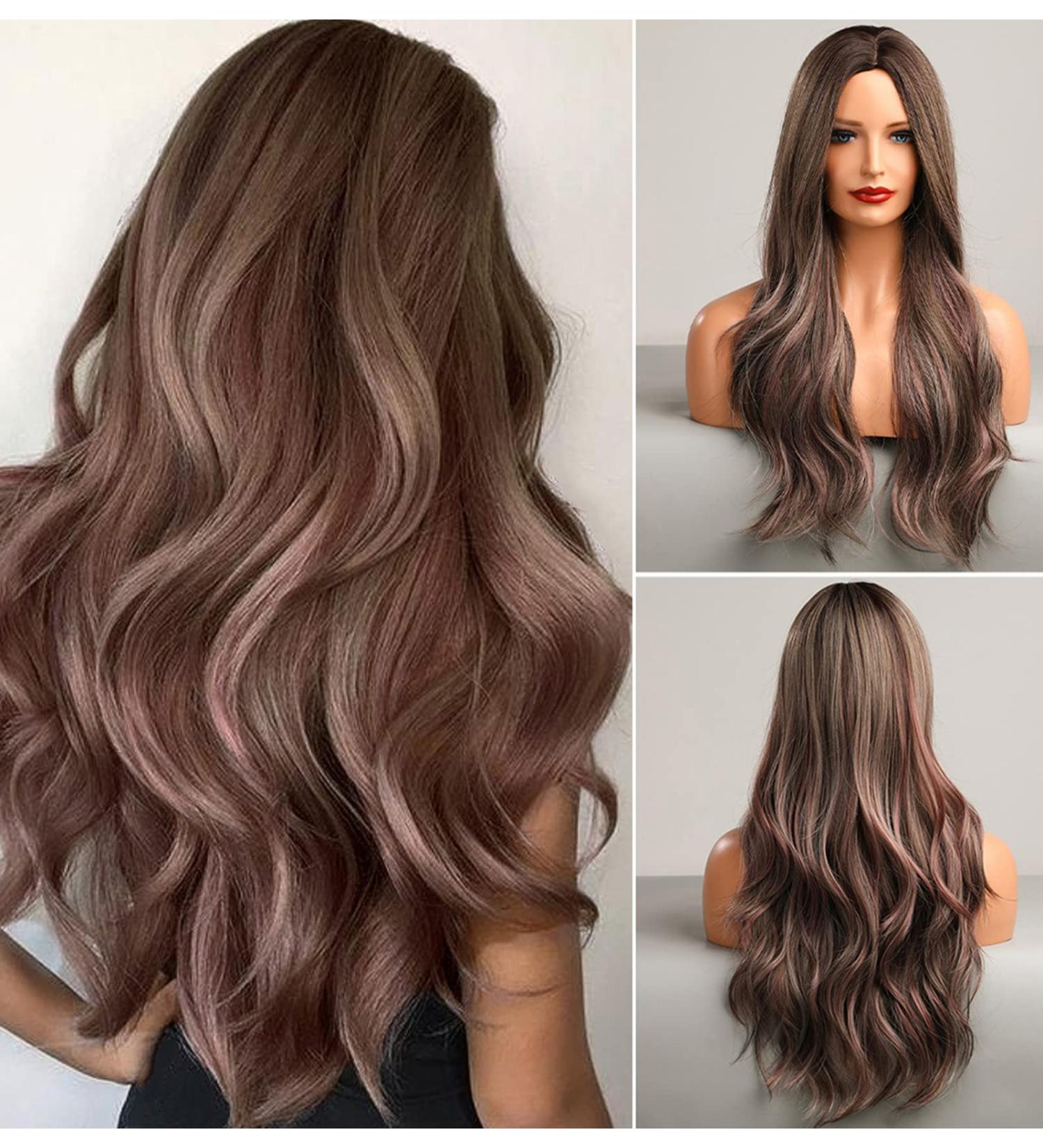 Vebonny 24-Inch Long Curly Synthetic Wig - Brown with Blonde & Pink Highlights | Trendy Middle Part Wig - Buy Online on GoSupps.com