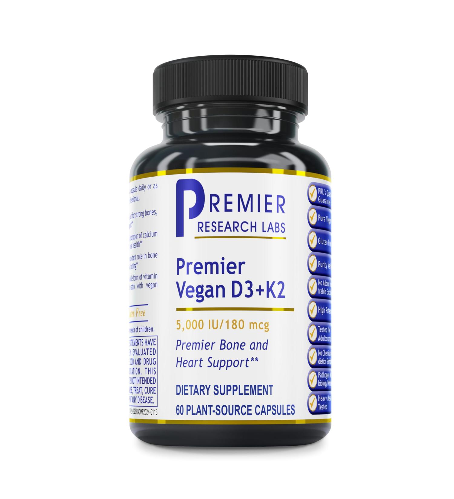 Premier Research Labs Vegan D3+K2 - Vitamin D3 K2 Supplement with 5000 IU Vitamin D and K2 as MK7 Bone Support and Heart Health for Women and Men - 60 Plant-Based Capsules - Buy Online on GoSupps.com