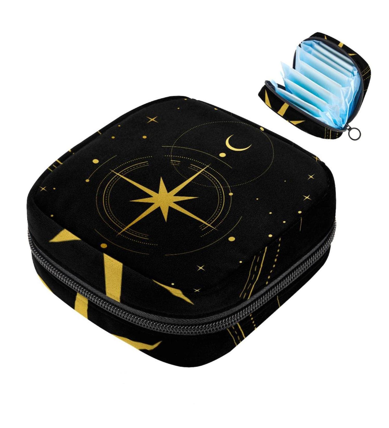 Menstrual Pad Bag with Zipper | Ladies Napkin Pouch & Tampon Collection Bag for Women & Girls - Moon Stars Black - Shop Internationally - Buy Online on GoSupps.com