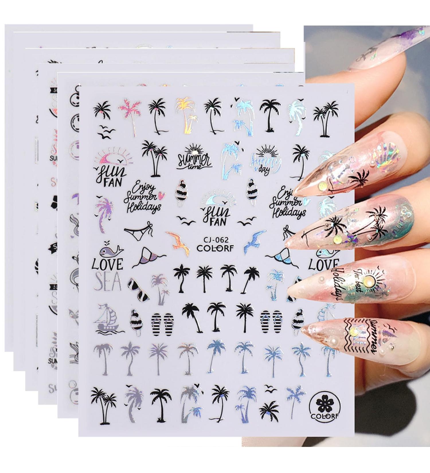 YJHAT 6 Sheets Summer Nail Art Stickers 3D Self-Adhesive Nail Stickers Decals with Mermaid Beach Shell Starfish Coconut Tree Pattern Nail Art Supplies Nail Designs Kit for Nail Tips Decorations - Buy Online on GoSupps.com