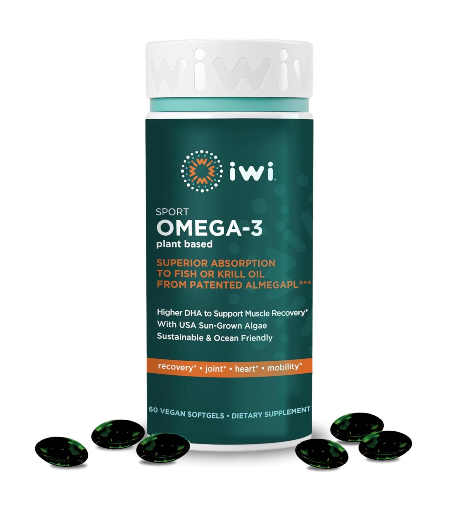 Iwi Omega-3 Sport 60 Softgels (30 Servings) Plant-Based Vegan Algae Omega 3 with DHA Exercise Recovery Support Dietary Supplement Krill & Fish Oil Alternative No Fishy Aftertaste - Buy Online on GoSupps.com