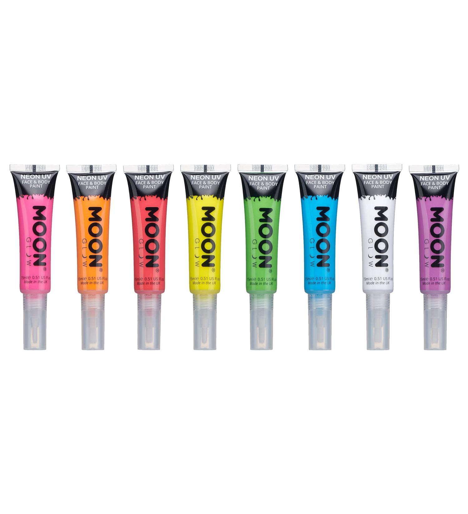 Moon Glow Neon UV Face & Body Paint 15ml Set of 8 with Brush Applicator - Buy Online on GoSupps.com
