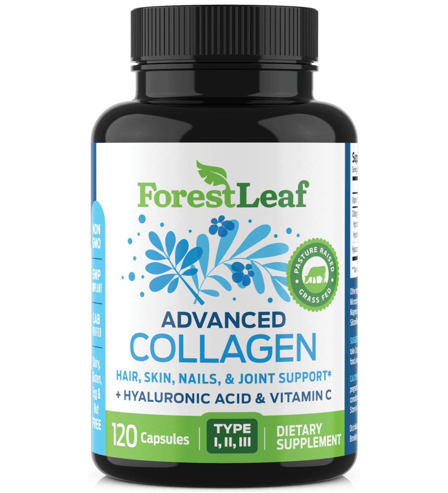 Forest Leaf Collagen Pills with Hyaluronic Acid, Vitamin C - Reduce Wrinkles, Tighten Skin, Boost Hair, Skin, Nails & Joint Health - 120 Capsules - Buy Online on GoSupps.com