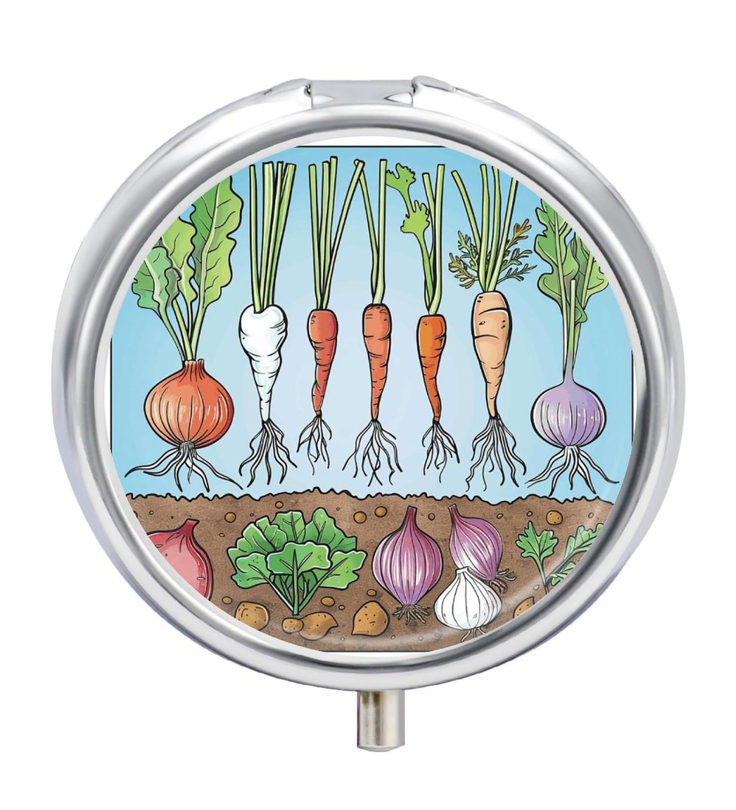 Travel Pill Box Organizer - 3 Compartment Portable Medicine Case with Vegetable Clip Art - Ideal for Handbag & Pocket - Buy Online on GoSupps.com