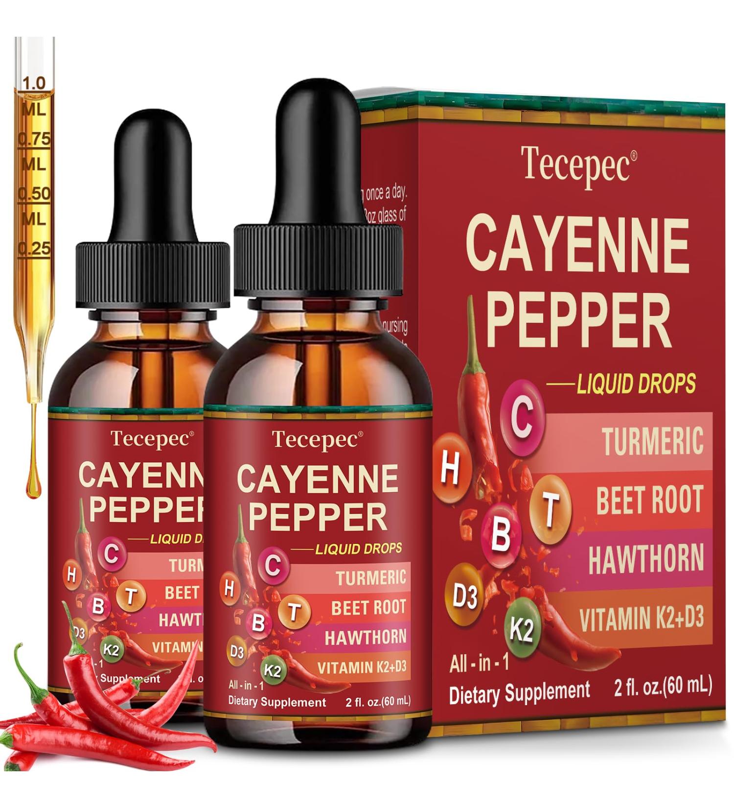 Cayenne Pepper Drops (2 Pack) Liquid Supplement with Hawthorn Berry Vitamin D3 K2 Beet Root Turmeric Ceylon Cinnamon & Panax Ginseng for Digestion & Immune Support 4 FL.OZ - Buy Online on GoSupps.com