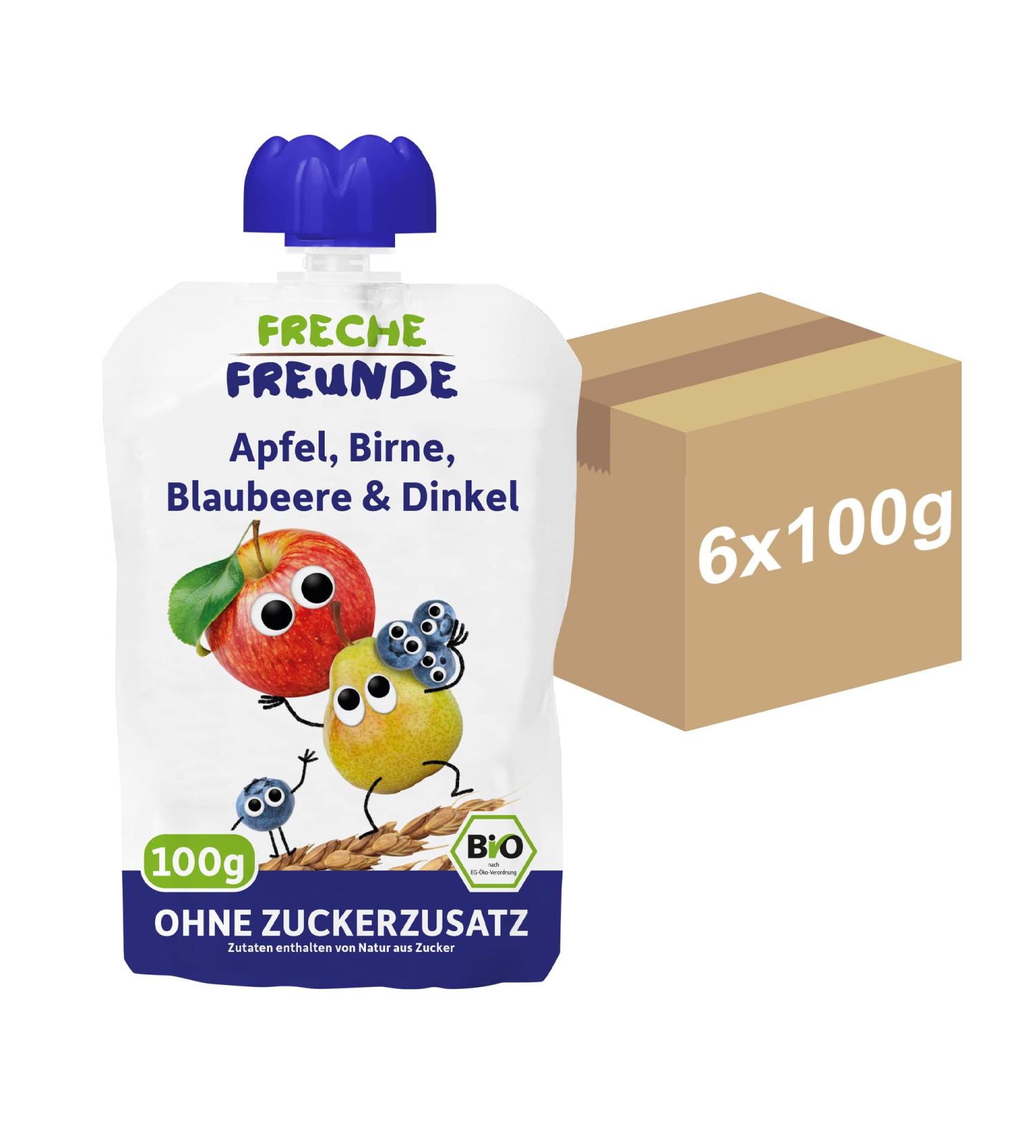 Cheeky Friends Bio Quetschie: Vegan Apple Pear Blueberry & Spelt Fruit Puree for Babies (6 x 100g Squeeze Bags) - 6 Pack - Buy Online on GoSupps.com