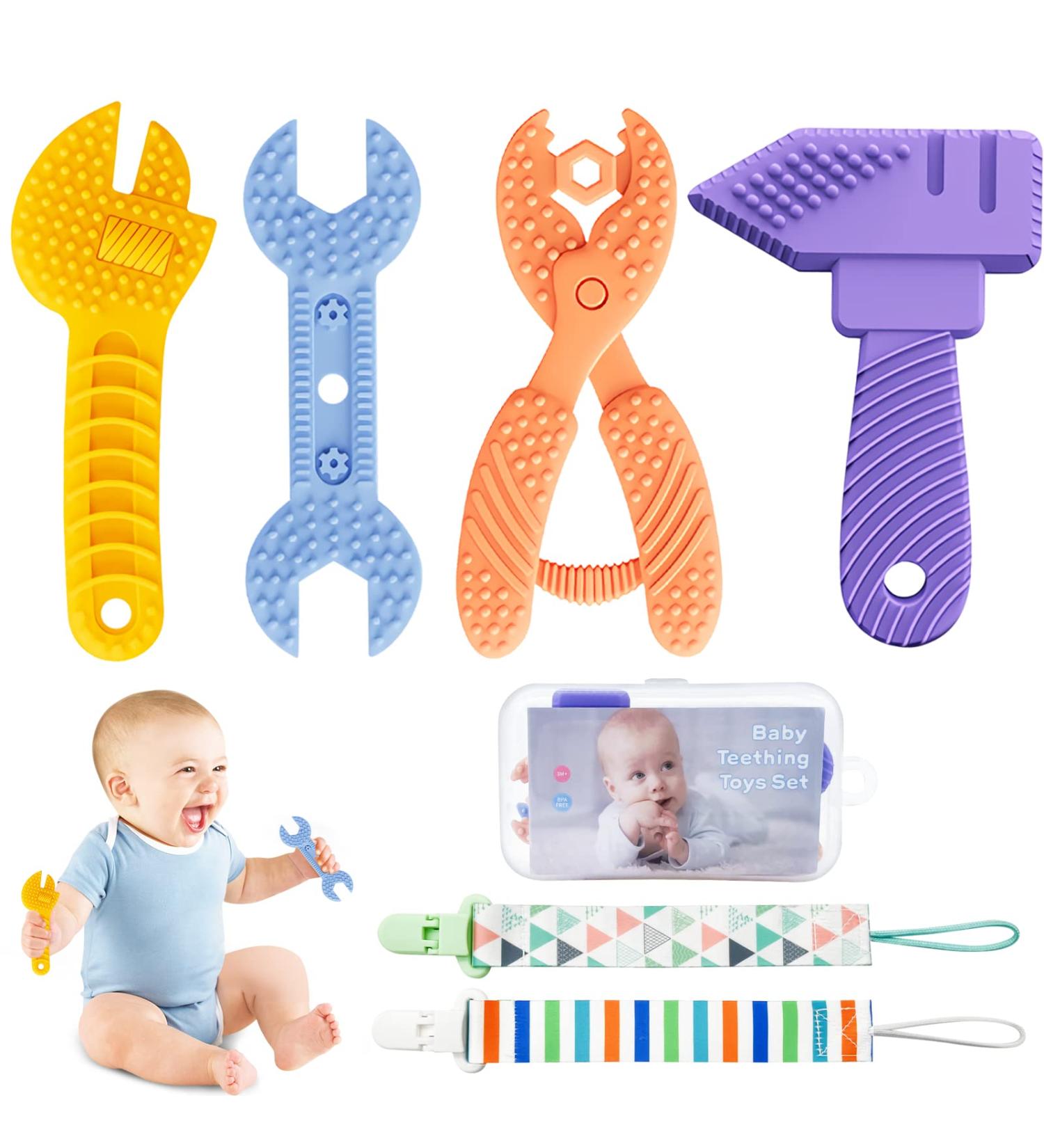 Maiqufa BPA-Free Silicone Teething Toys for Babies 0-6 Months & 6-12 Months - 4 Pack, Tool-Shaped Soothing Teethers for Sore Gums, Prevent Finger Chewing, Baby Boy Toys - Buy Online on GoSupps.com