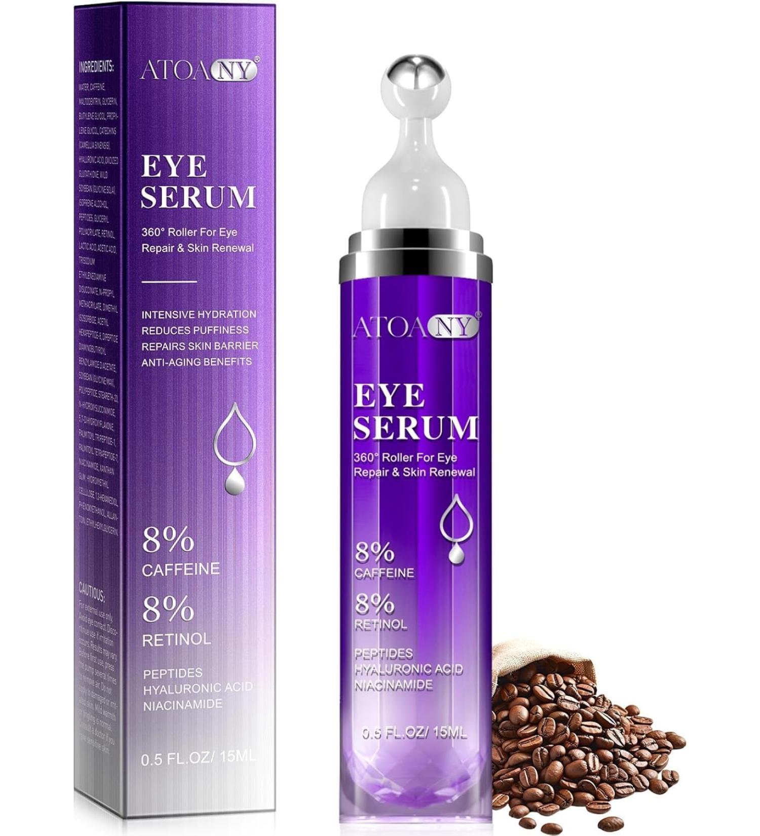 S rum pour les yeux avec 8% de caf ine r duit les poches les rides et les ridules sous les yeux avec 360 Eye Roller Massage Ball 8% de caf ine Retinol Acide Hyaluronique Niacinamide S rum pour les - Buy Online on GoSupps.com