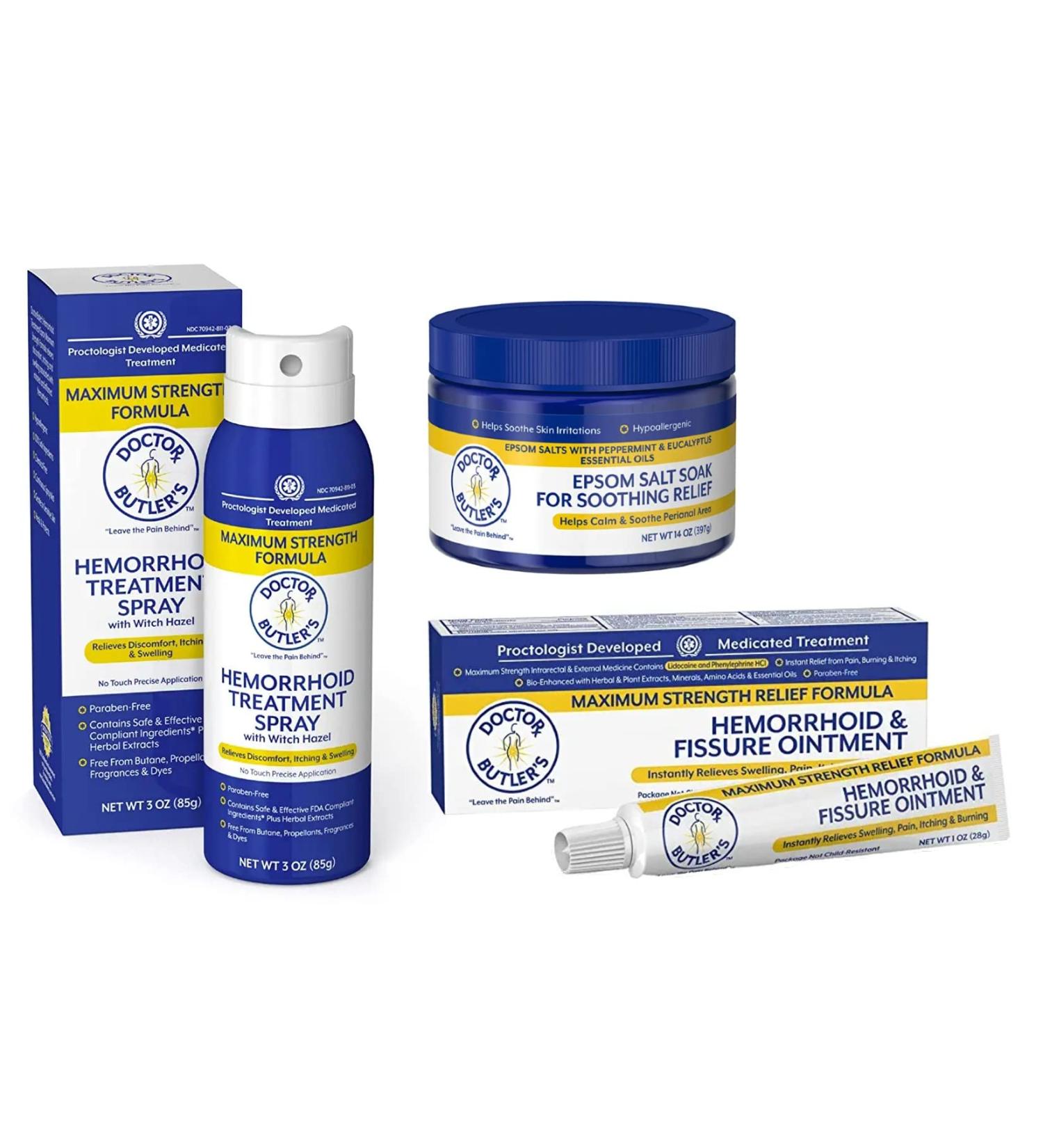 Doctor Butler's Hemorrhoid Treatment Bundle - Relief with Ointment, Spray, and Bath Salts - Buy Online on GoSupps.com