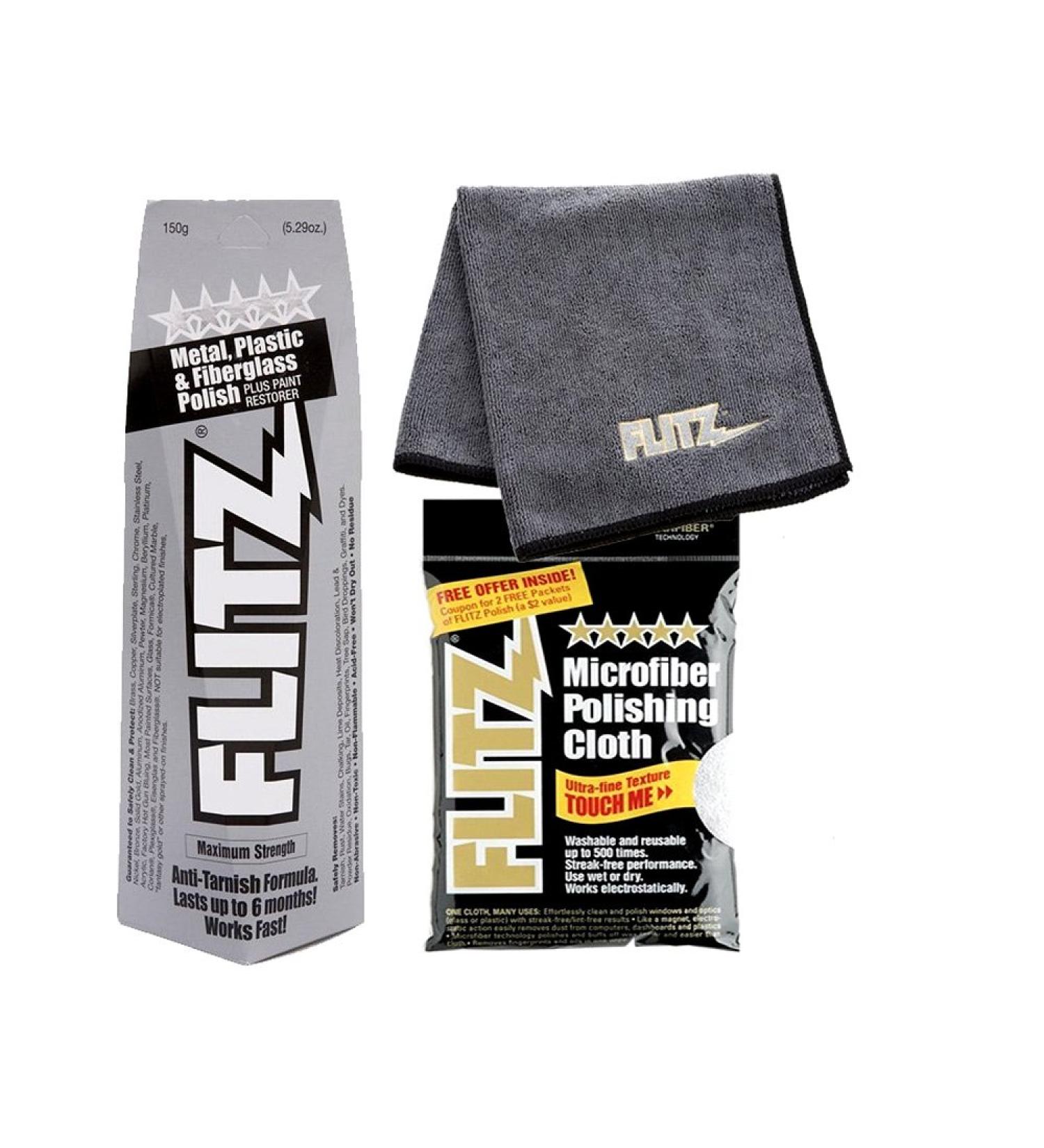 Flitz BU 03515 5.29 oz Blue Metal Plastic and Fiberglass Polish Paste with LARGE Microfiber Cleaning Cloth + (2 token pack) COMBO