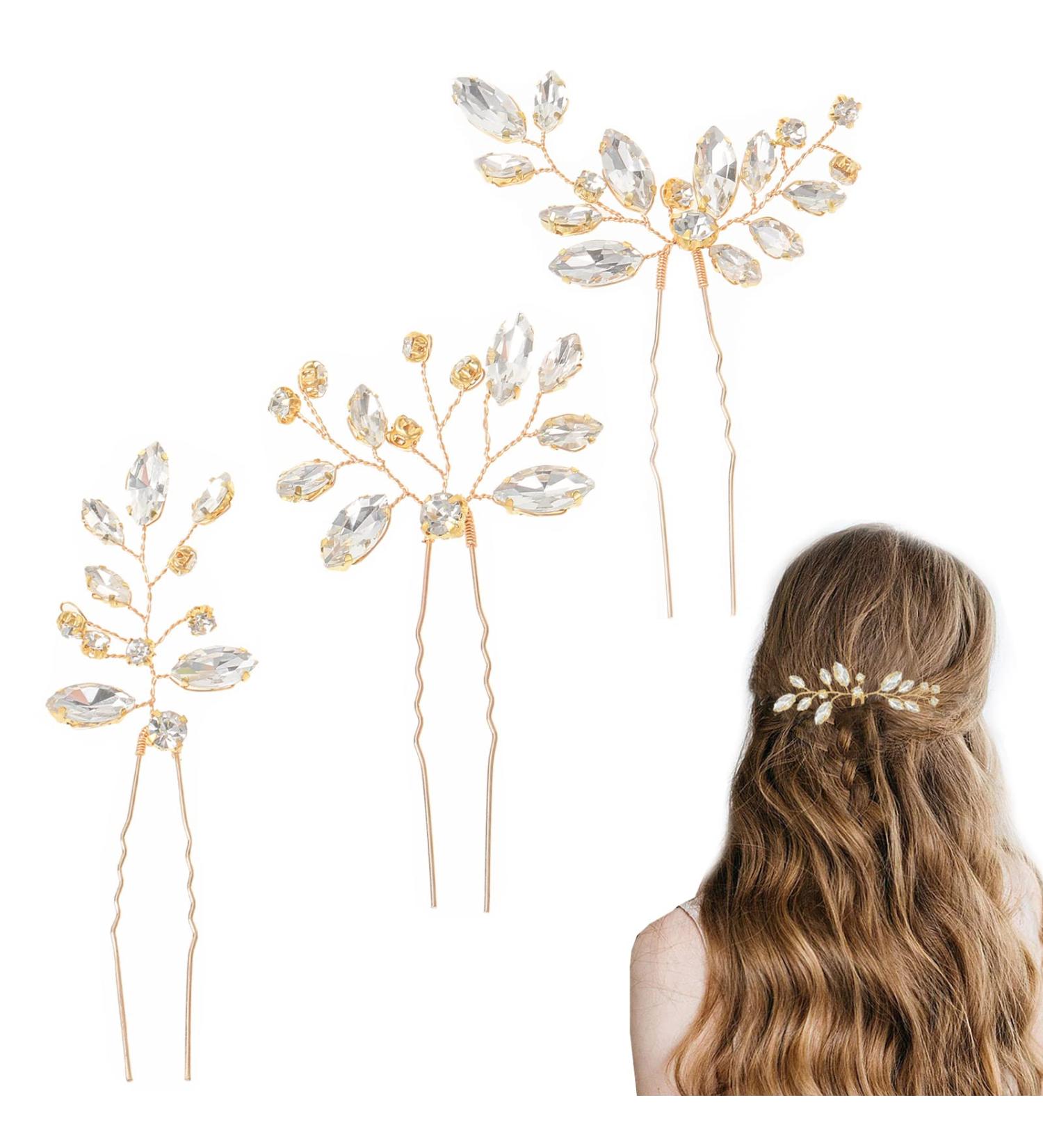 3 Pcs Rhinestone Bride Wedding Hair Pins | Crystal Headpiece for Women and Girls | Gold Bridal Hair Accessories - Buy Online on GoSupps.com