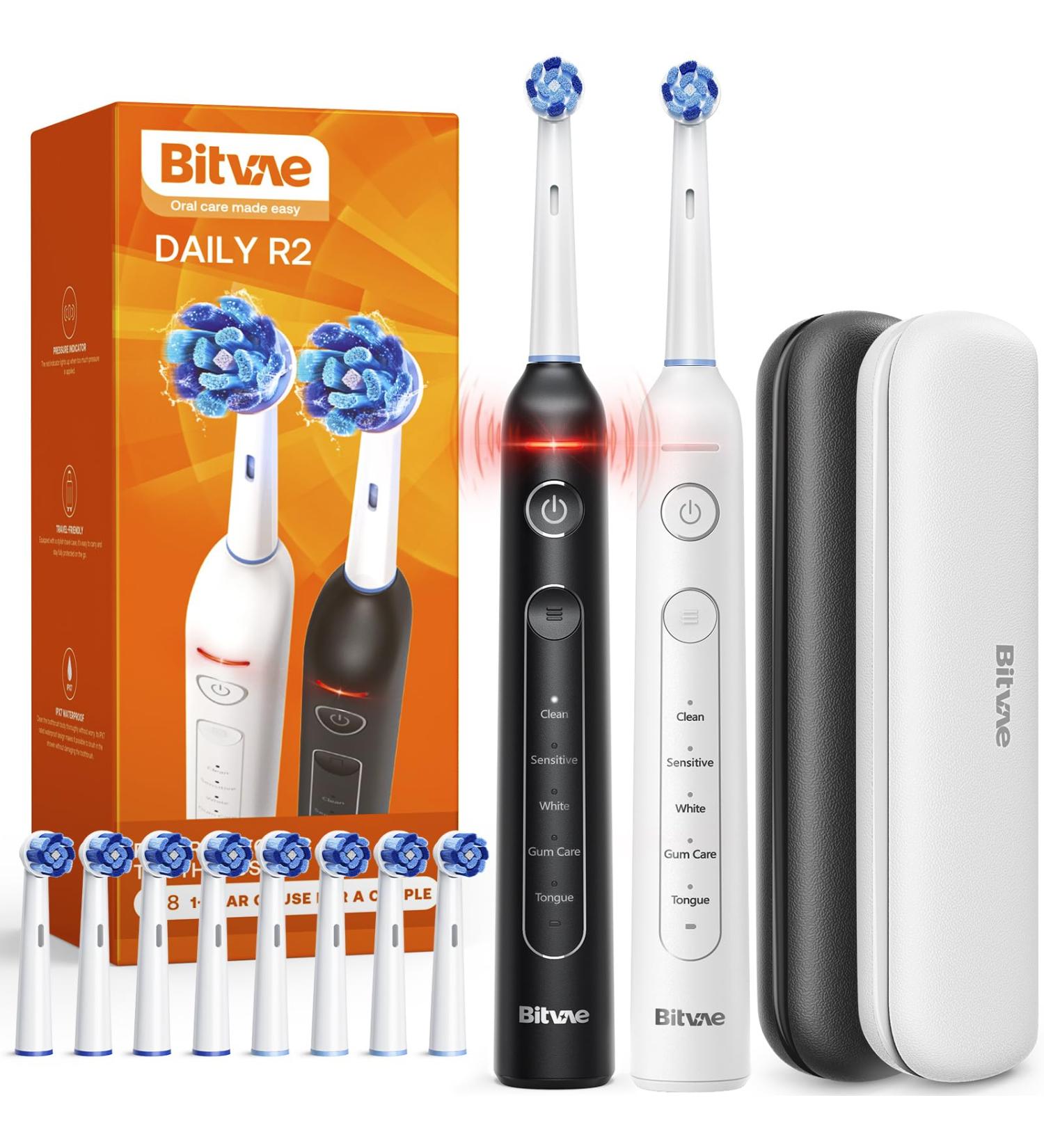 Bitvae Rotating Electric Toothbrush 2-Pack for Adults | Rechargeable Power Toothbrush with Pressure Sensor | 5 Modes & 8 Brush Heads | Ideal Gifts for Men & Women - R2 Black/White - Buy Online on GoSupps.com