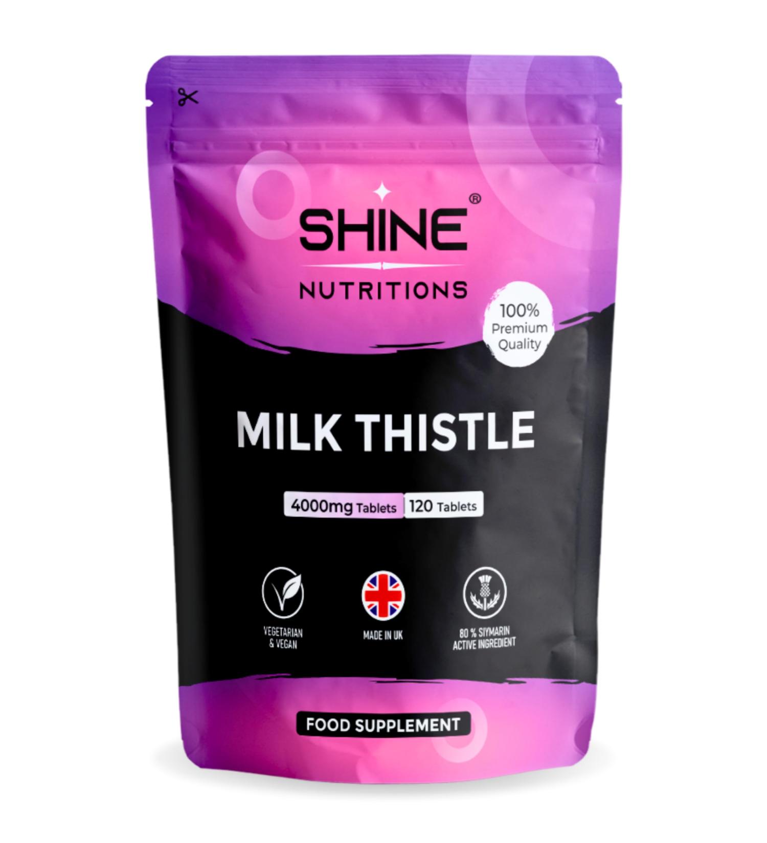 Shine Nutritions Milk Thistle 4000mg - 120 Vegan Tablets - Made In The UK - Buy Online on GoSupps.com