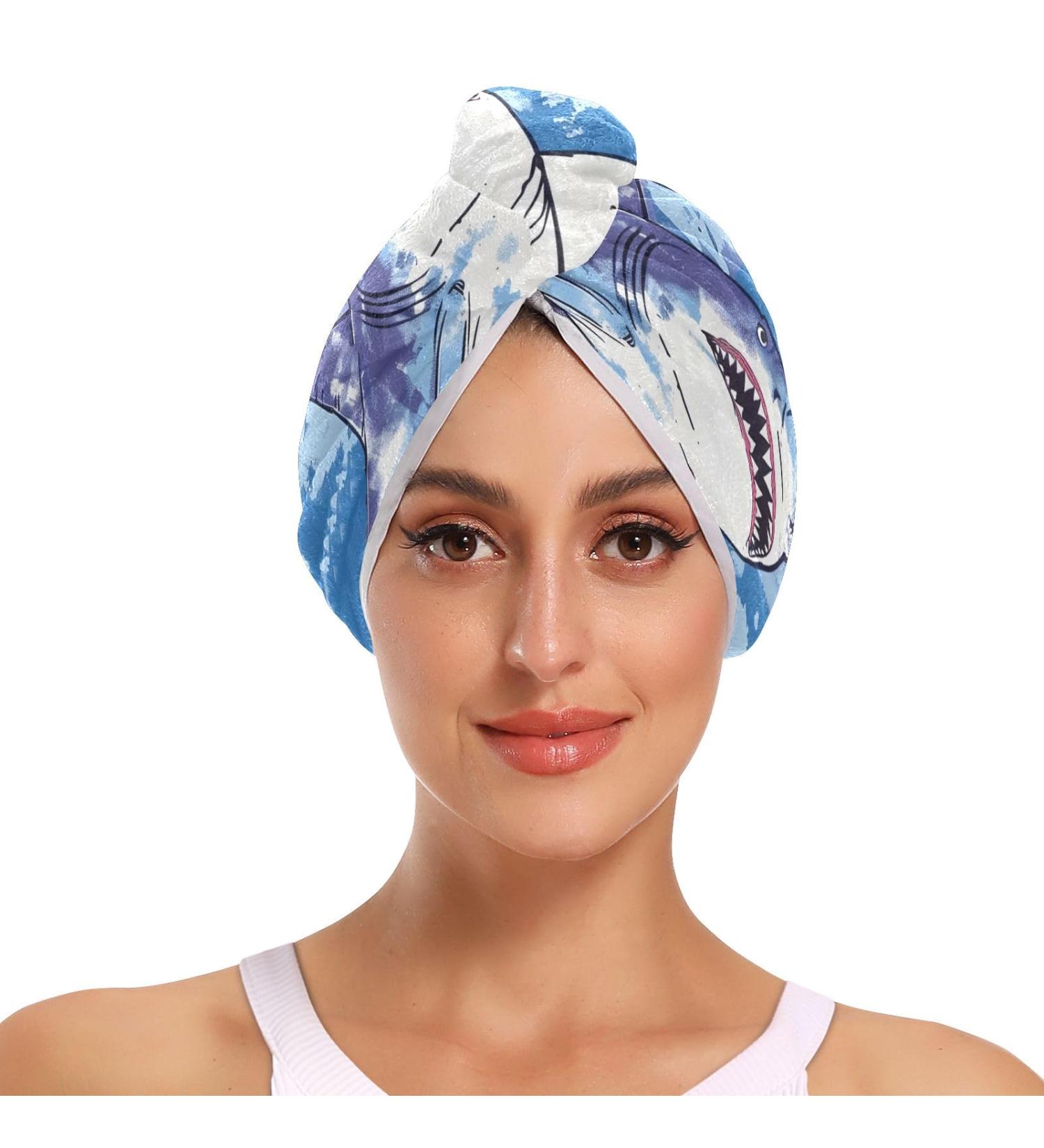 Shark Blue Hair Towel 2 Pack - Super Absorbent Quick Drying Hair Turbans for Women & Girls - Buy Online on GoSupps.com