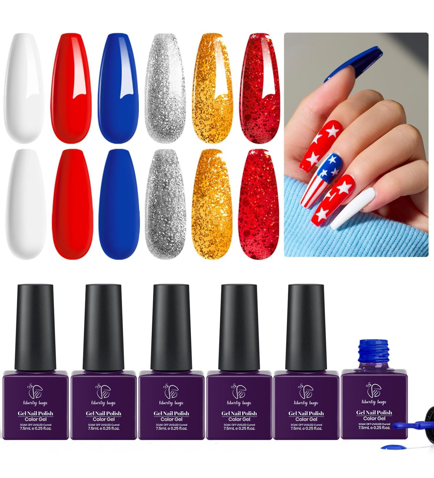 4th of July Gel Nail Polish Set - Red Blue Gold & Silver Glitter | UV Light Cured | Perfect Independence Day Nail Art Gift - Buy Online on GoSupps.com