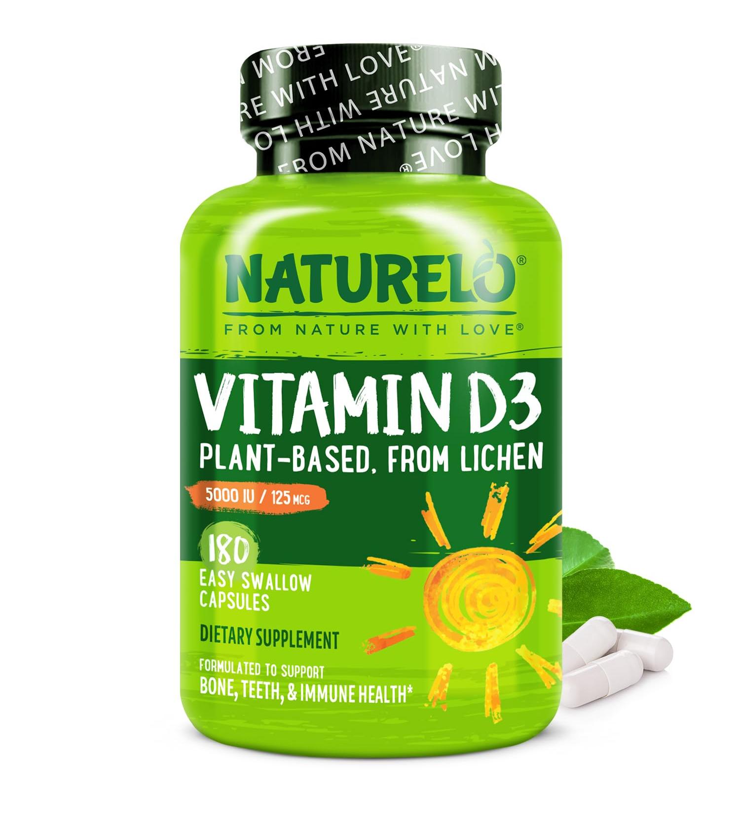 NATURELO Vitamin D - 5000 IU - Plant Based from Lichen - Natural D3 Supplement for Immune System Bone Support Joint Health - High Potency - Vegan - Non-GMO - Gluten Free - 180 Capsules 180 Count (Pack of 1) - Buy Online on GoSupps.com