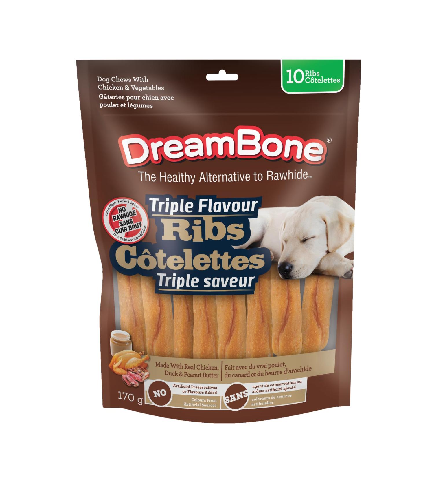 DreamBone Triple Flavour Ribs Chicken Peanut Butter & Duck (Artificial Free) 10ct 8oz 170g - Buy Online on GoSupps.com