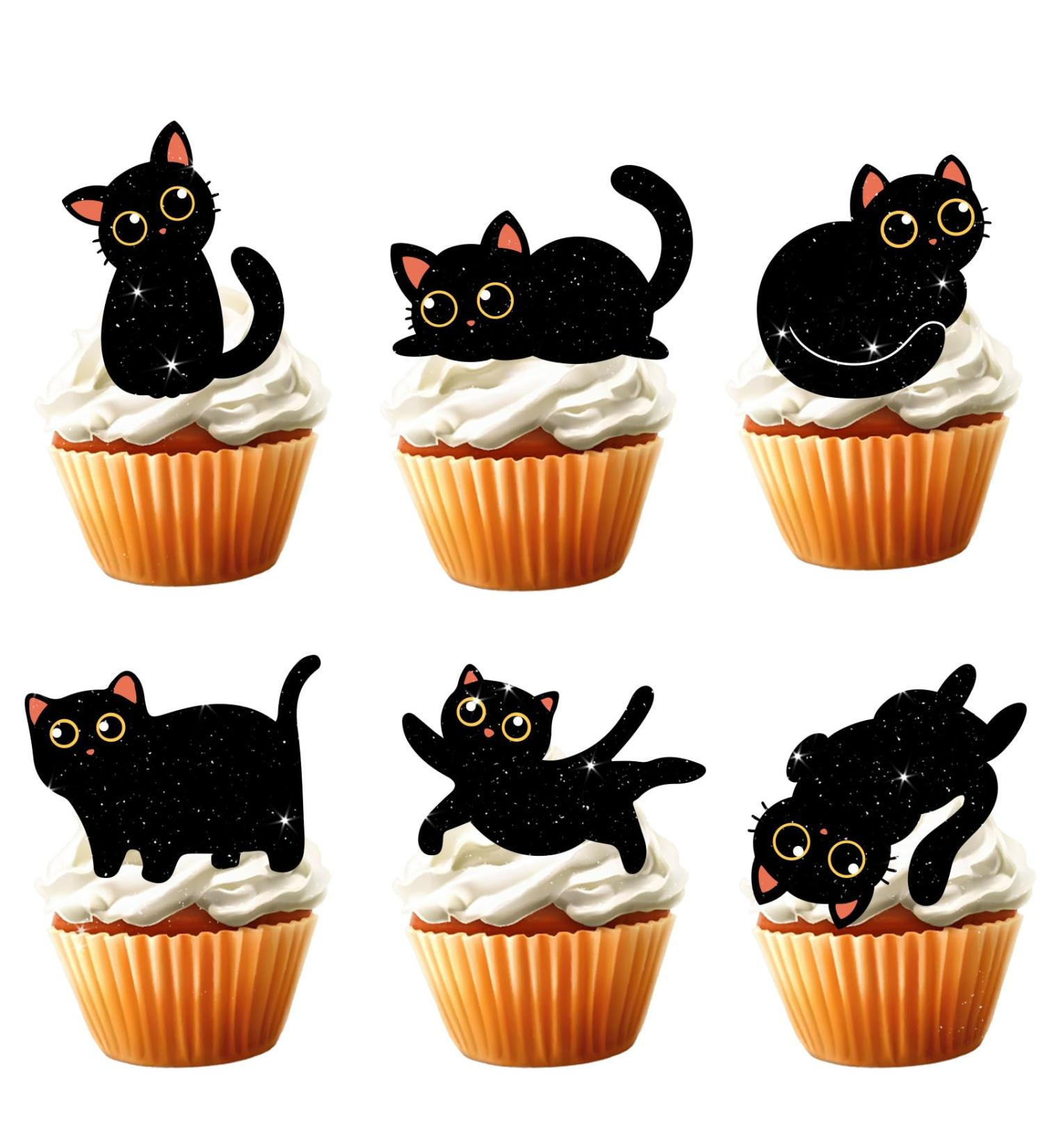 18pcs Cute Black Cat Cupcake Toppers for Boys Girls Pet Baby Shower Kitten Meow Party Supplies Favor Glitter Black Cat Themed Birthday Party Decorations - Buy Online on GoSupps.com
