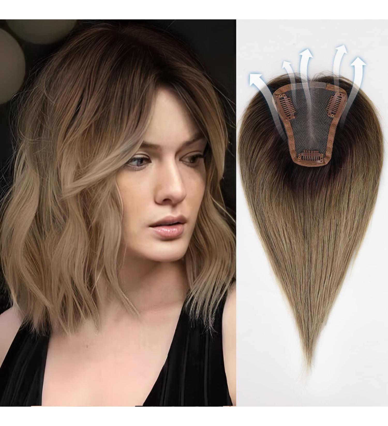HAIRCUBE Remy Human Hair Topper for Women - 12in Ombre Ash Blonde, Swiss Lace Base, Thinning Hair Cover, Hand-Tied Hair Piece - Buy Online on GoSupps.com