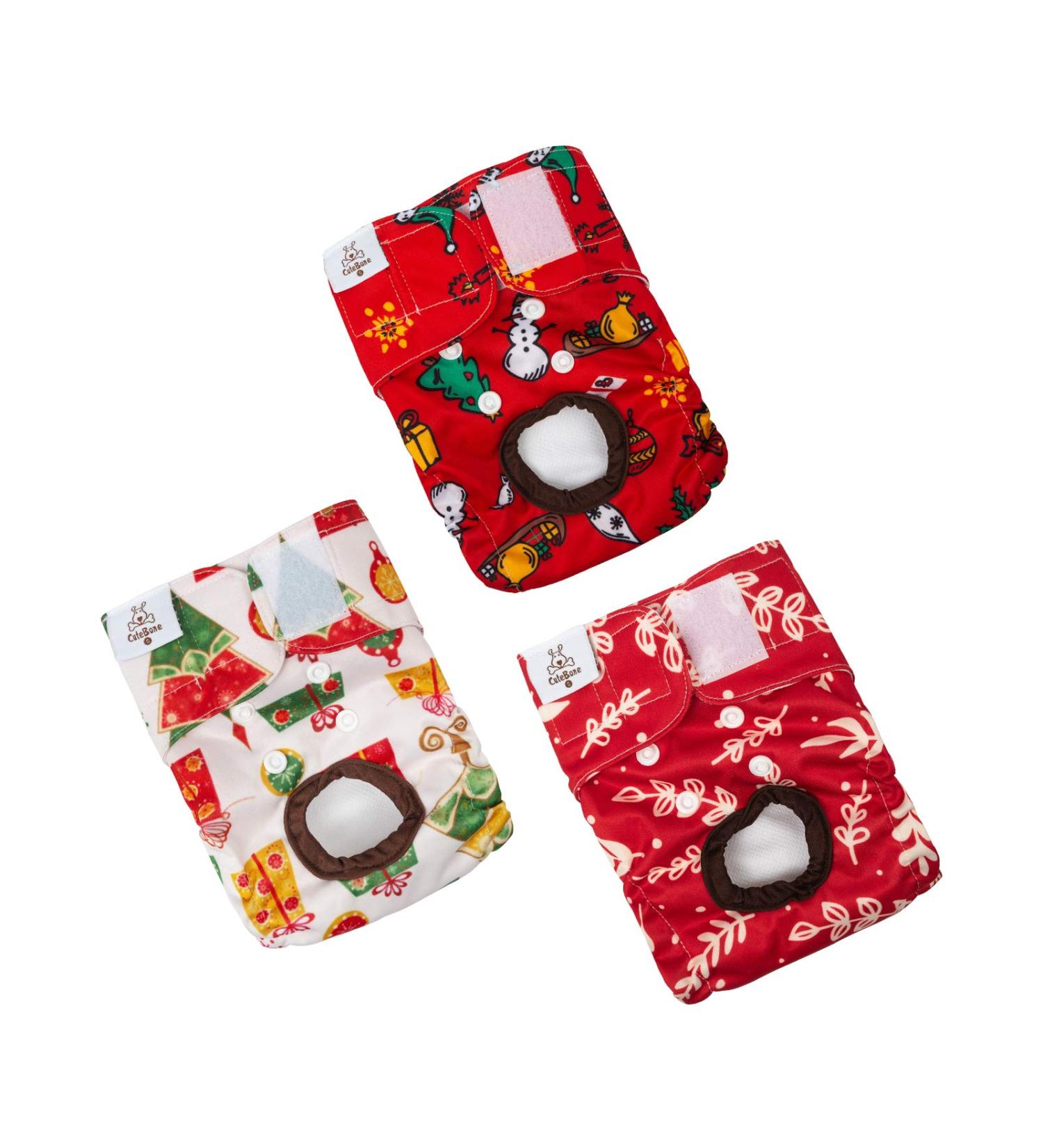 Cutebone Christmas Washable Dog Diapers - Reusable High-Suction Dog Diapers for Bitches | 3 Pack | Size M (41-53cm) - Buy Online on GoSupps.com