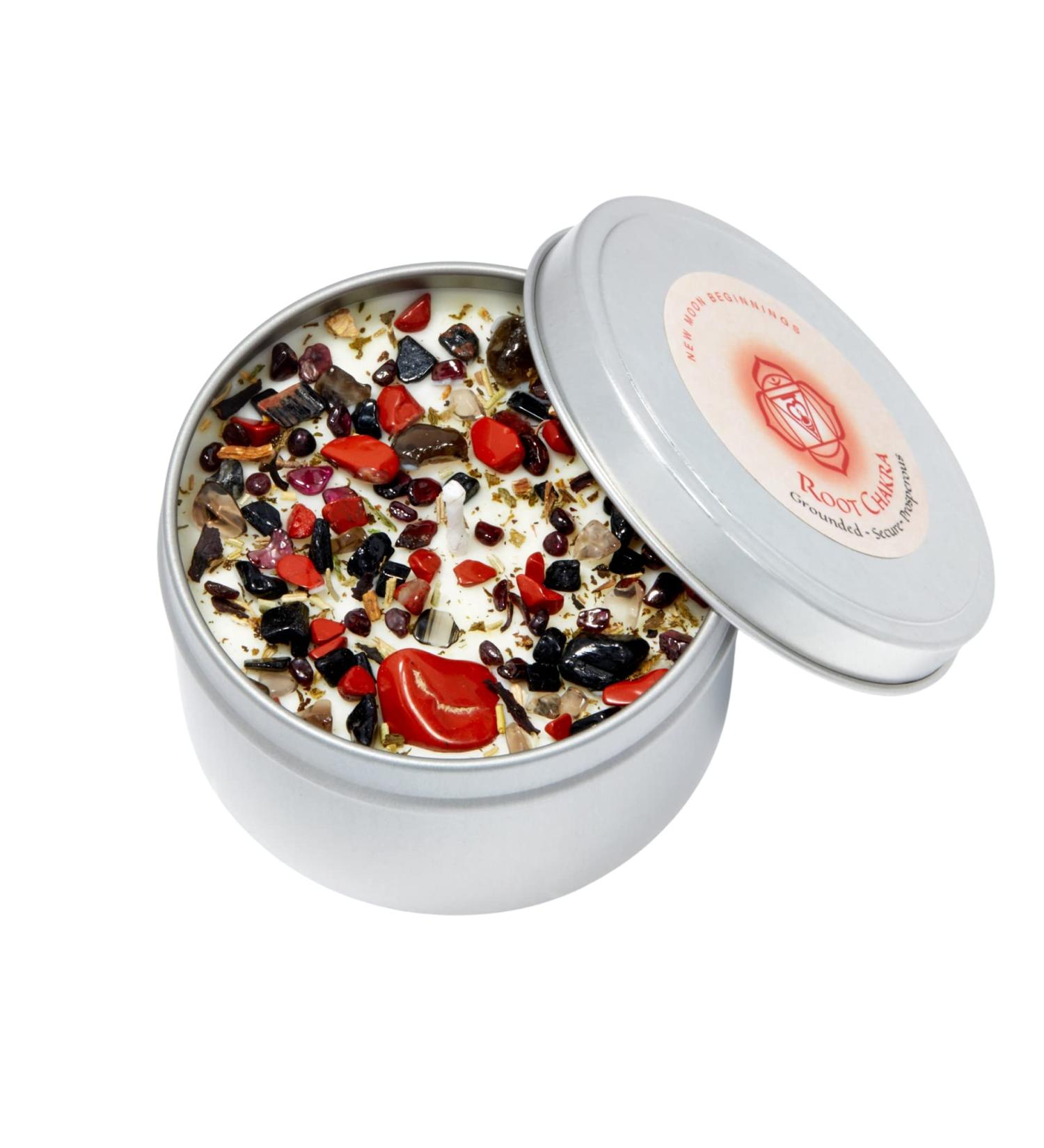Root Chakra Candle - New Moon Beginnings | Soy Aromatherapy Candle | Crystal & Herb Healing - 8oz Metal Tin - Buy Online on GoSupps.com