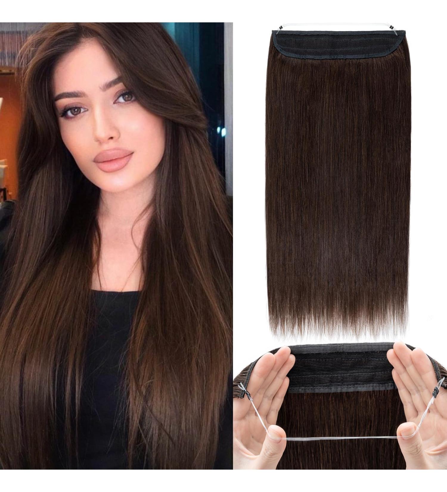 Shop Real Hair Extensions with Transparent Cord | 40cm Dark Brown Silk Co Wire | Secrets Invisible Extensions for Women - 90g #02 - Buy Online on GoSupps.com