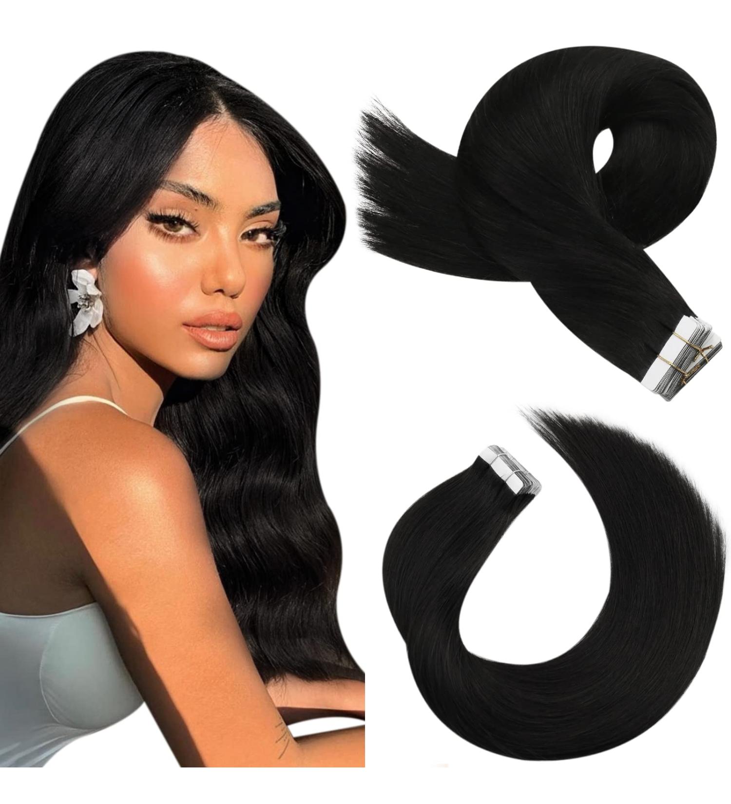 Moresoo Jet Black Tape in Hair Extensions - 10 Inch Real Human Hair, 20 Pieces, 30g #1B - Buy Online on GoSupps.com