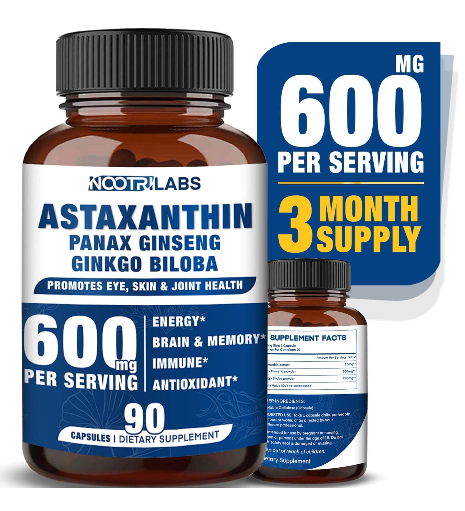 Astaxanthin 15mg + Panax Ginseng Ginkgo Biloba Supplements | 90 Vegan Capsules | Eye Skin Joint Health Energy Cardiovascular Support | Immune Defense Focus Memory Booster - Buy Online on GoSupps.com