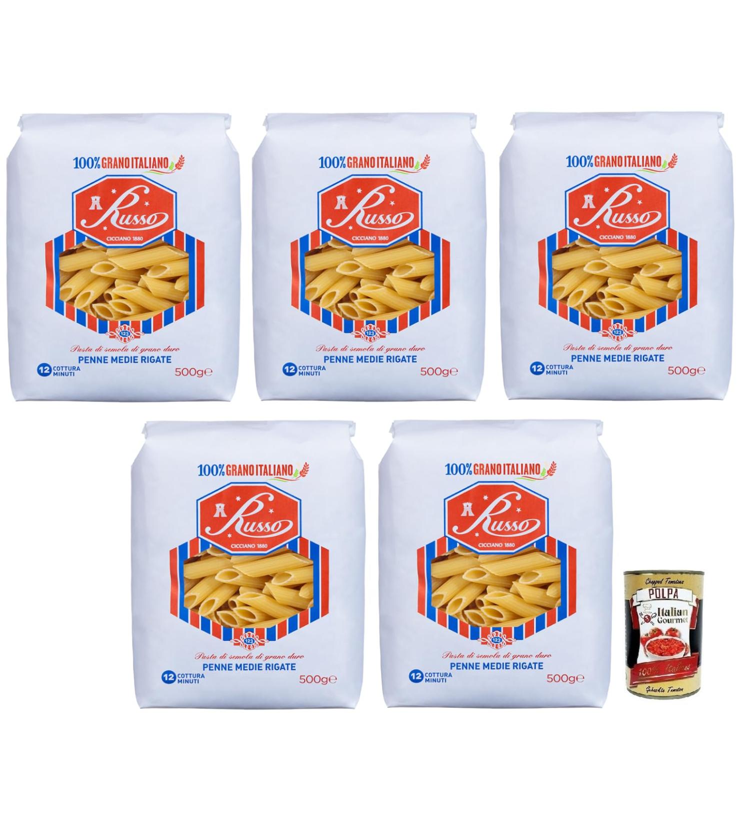  Italian Gourmet E.R. Russo Penne Medie Rigate No. 123 Durum Wheat Pasta 100% Italian Wheat 500g + 400g Box of 5 - Buy Online on GoSupps.com