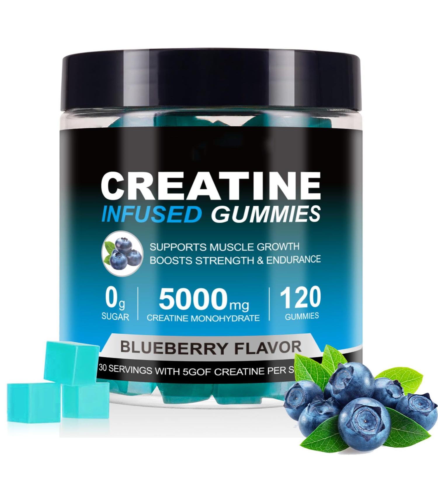 Creatine Monohydrate Gummies 5000 mg 120 Sugar-Free Vegan Creatine Chews for Women and Men - Creatine Supplement for Daily Routine - Blueberry Flavor - Buy Online on GoSupps.com