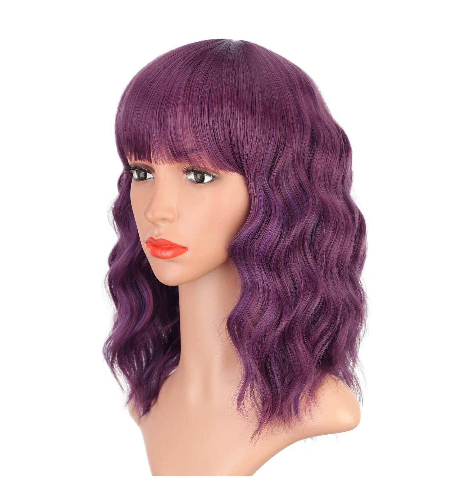 ENTRANCED STYLES Fuchsia & Purple Wavy Curly Bob Wig with Bangs - Heat Resistant Synthetic Party & Cosplay Wig for Women - Buy Online on GoSupps.com