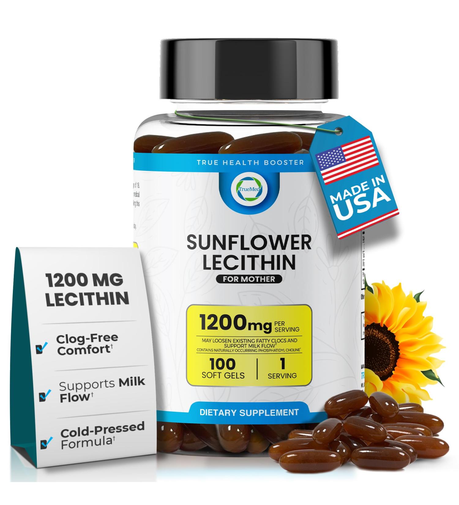 Organic Sunflower Lecithin 1200 mg Sunflower Lecithin Breastfeeding Supplement for Moms Supports Milk Flow Clogged Duct Relief Brain & Liver Health Soy-Free Non-GMO 100 Softgels 1200mg(100 Count) - Buy Online on GoSupps.com