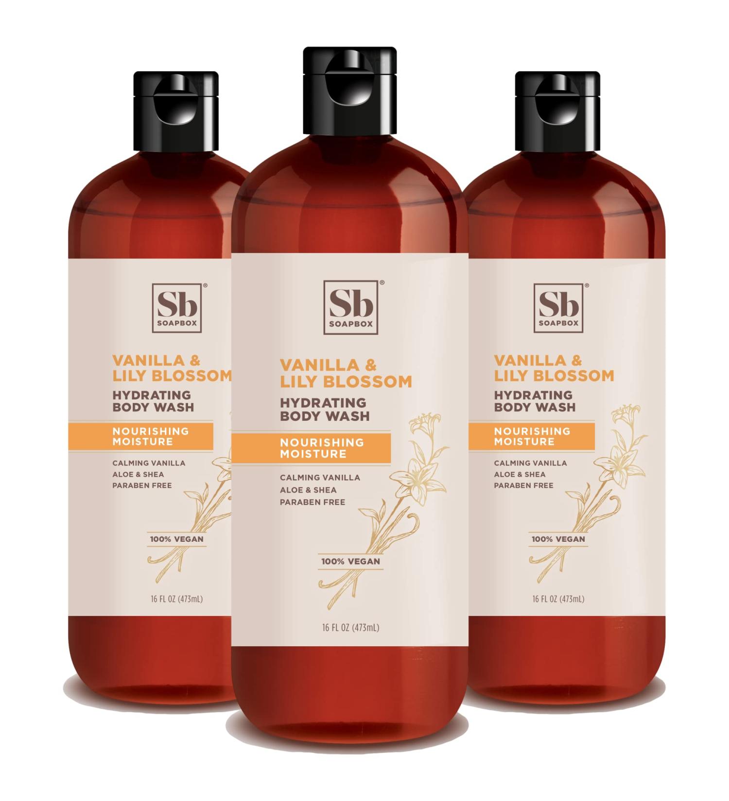 Soapbox Vanilla & Lily Blossom Body Wash 16oz (Pack of 3) - Moisturizing Cleanser with Aloe Vera & Shea Butter | Paraben, Gluten, Silicone Free - Vegan & Cruelty-Free - Buy Online on GoSupps.com
