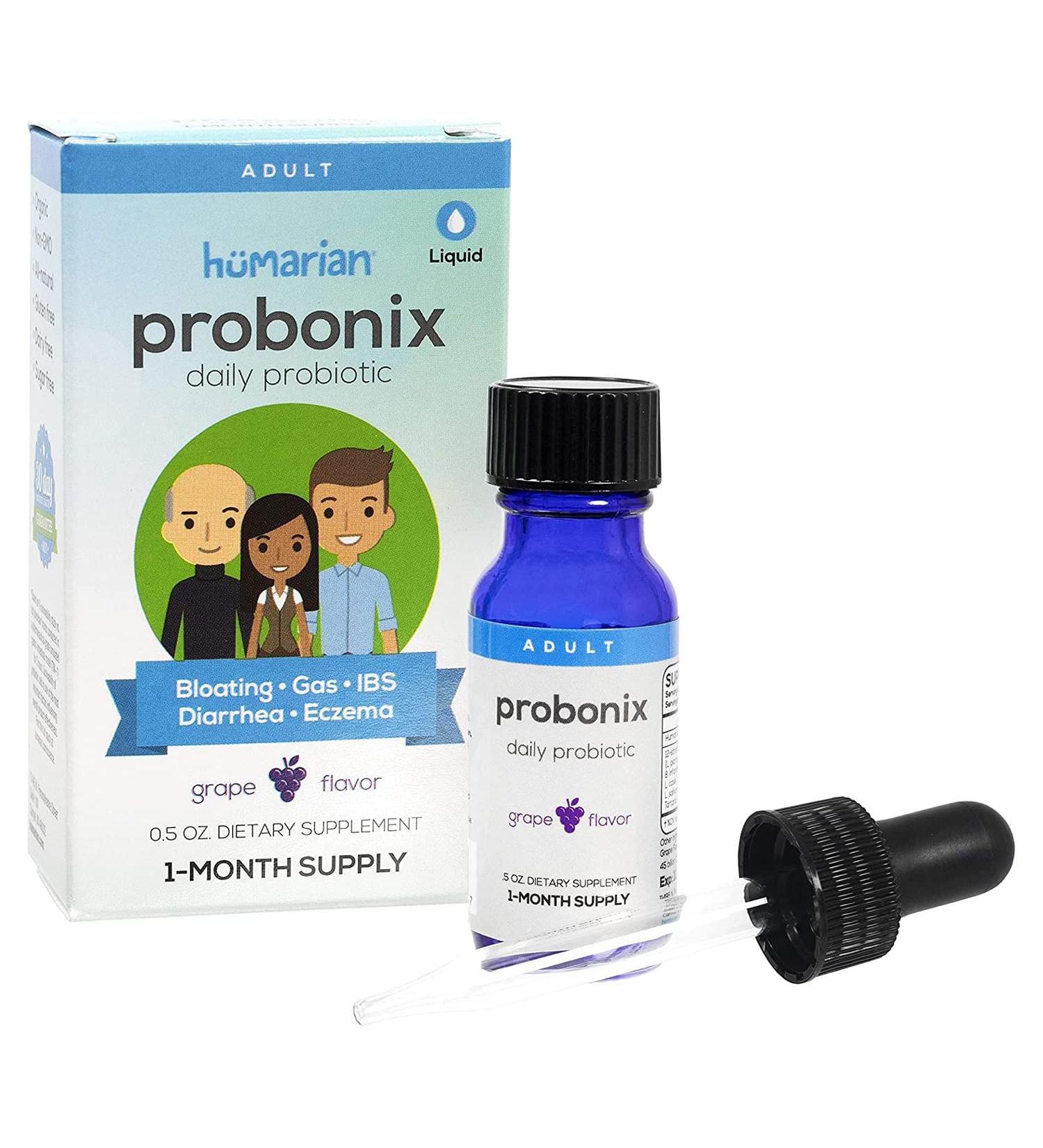 Organic Probonix Probiotics for Adults | Non-GMO Liquid Drops | 12 Live Strains incl. Lactobacillus Acidophilus | Helps Gas, IBS, Lactose Intolerance | Grape Flavor | 1 Month Supply - 0.5 Fl Oz - Buy Online on GoSupps.com